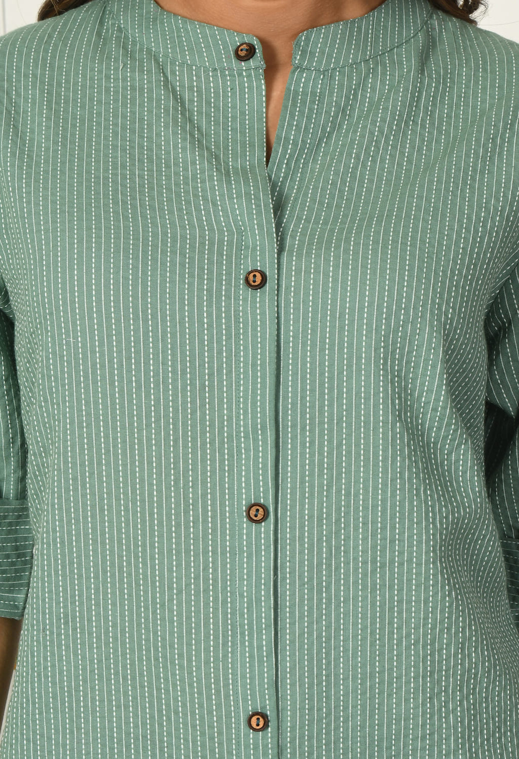 Women Green Cotton Katha & Trim Work Kurta Bottom Set