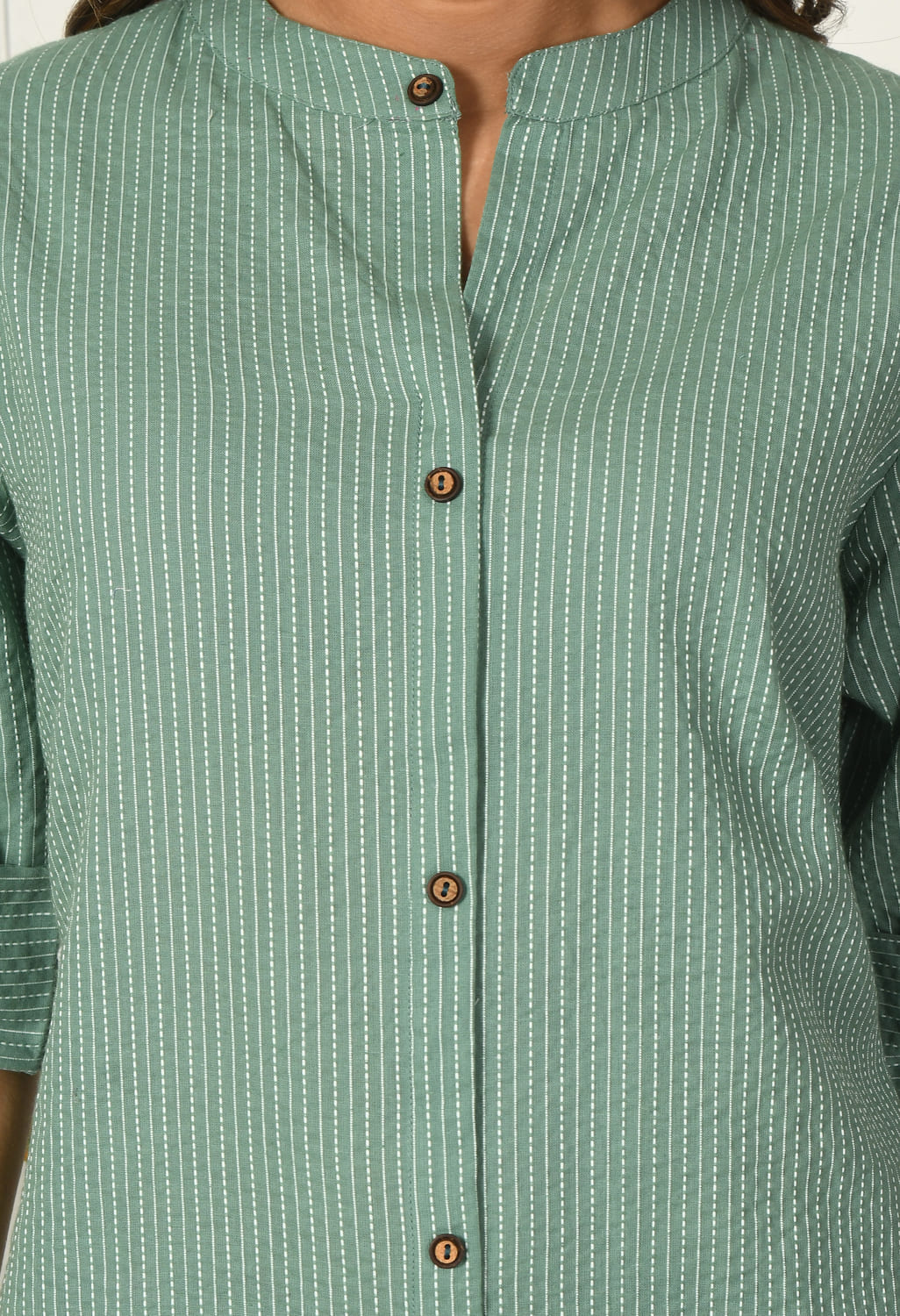 Women Green Cotton Katha & Trim Work Kurta Bottom Set