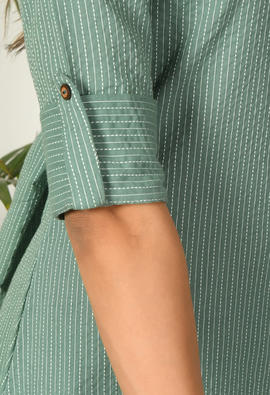 Women Green Cotton Katha & Trim Work Kurta Bottom Set