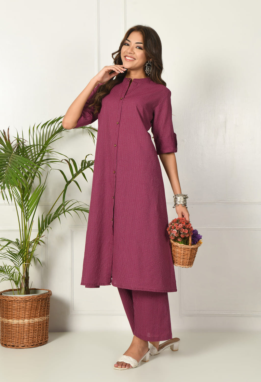 Women Purple Cotton Katha & Trim Work Kurta Bottom Set