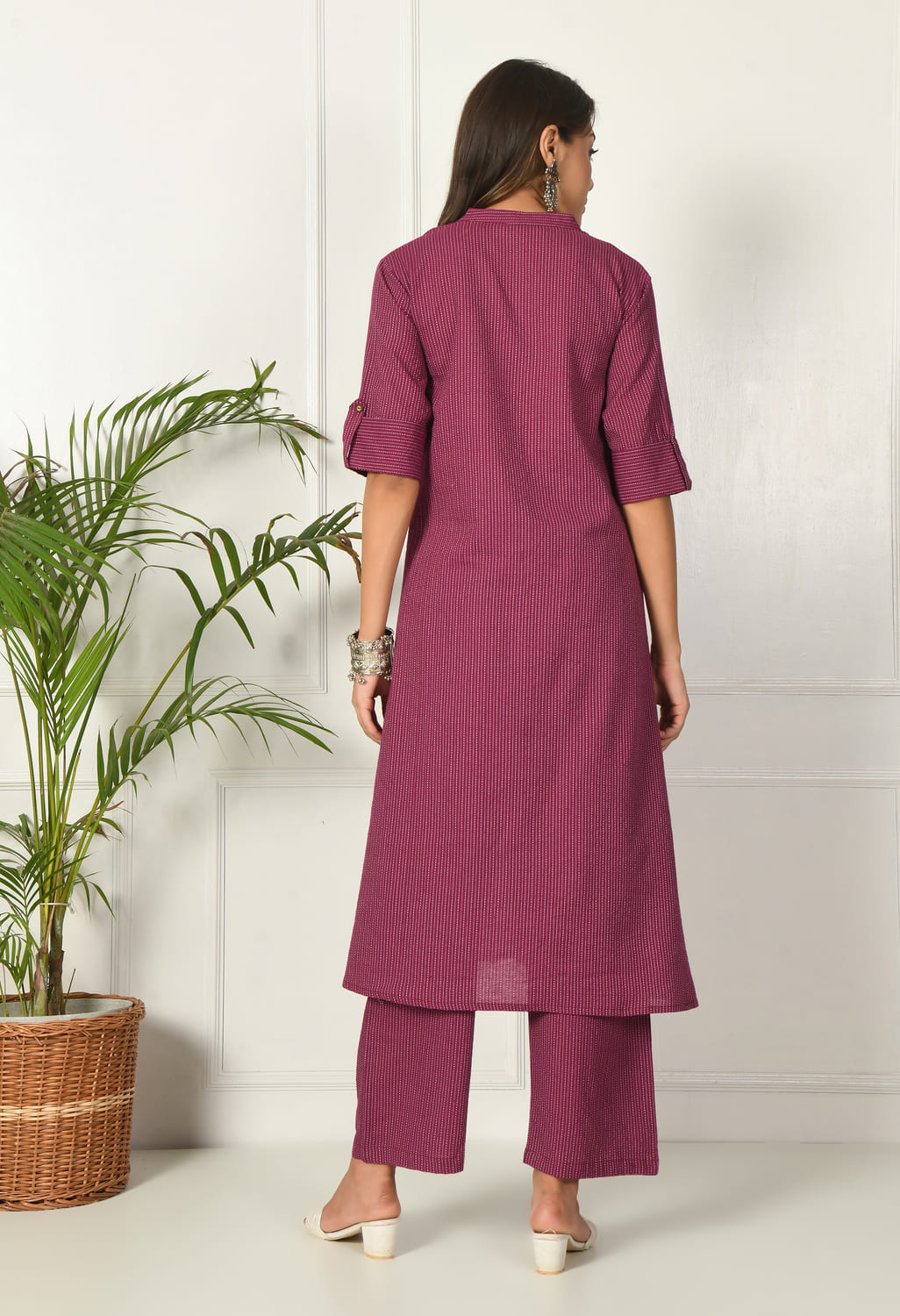 Women Purple Cotton Katha & Trim Work Kurta Bottom Set