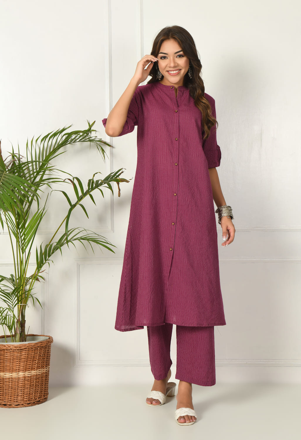 Women Purple Cotton Katha & Trim Work Kurta Bottom Set