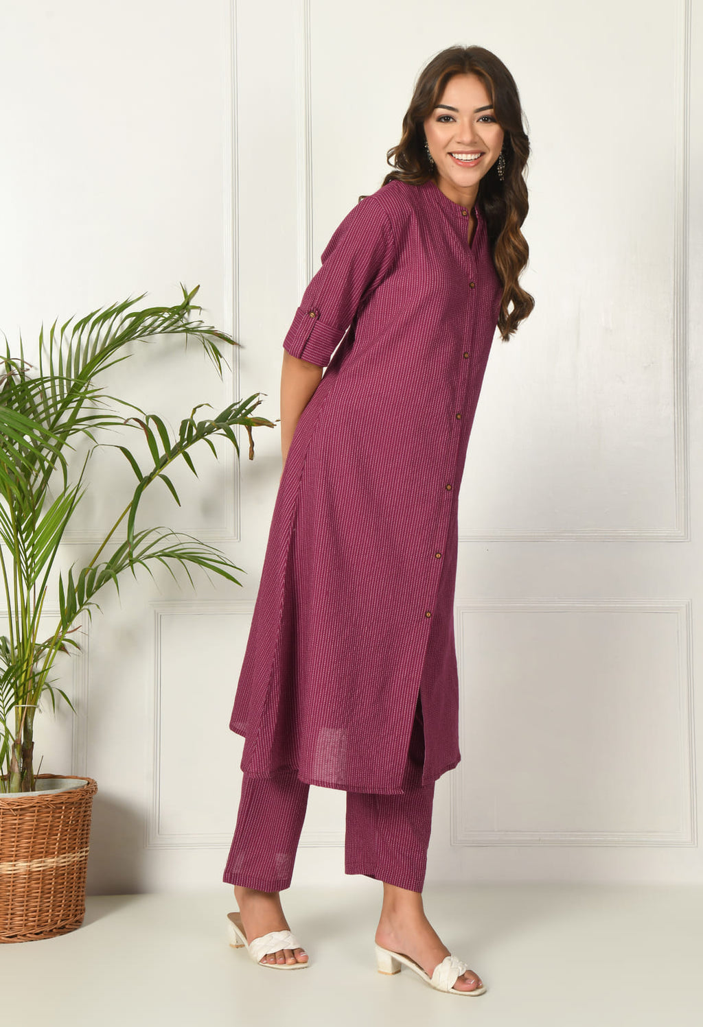Women Purple Cotton Katha & Trim Work Kurta Bottom Set