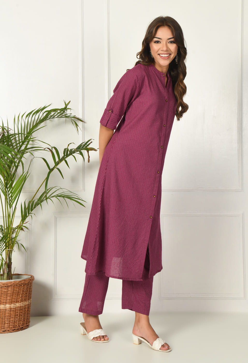 Women Purple Cotton Katha & Trim Work Kurta Bottom Set