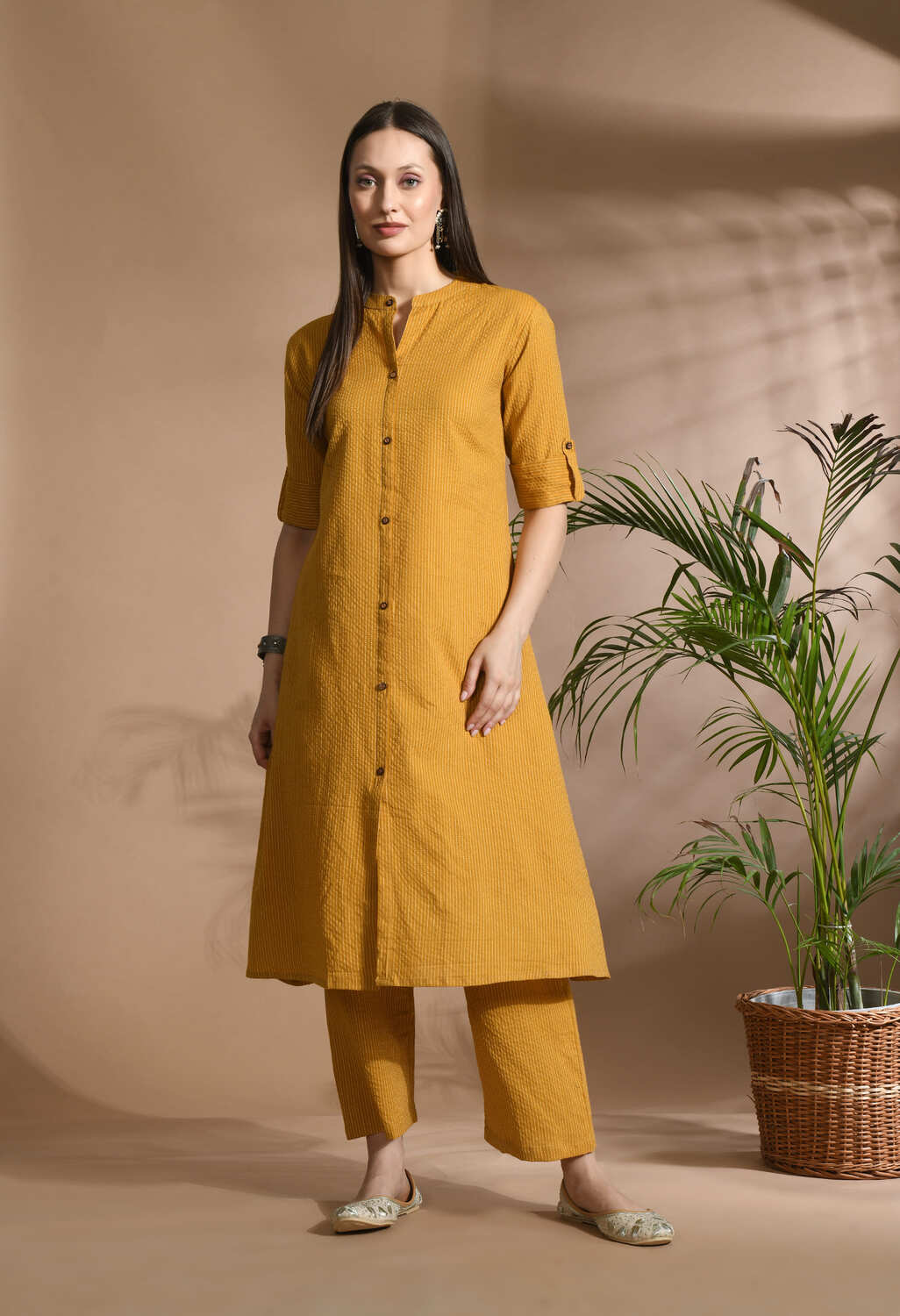 Women Mustard Cotton Katha & Trim Work Kurta Bottom Set