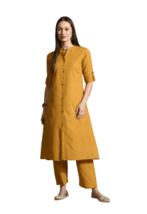 Women Mustard Cotton Katha & Trim Work Kurta Bottom Set