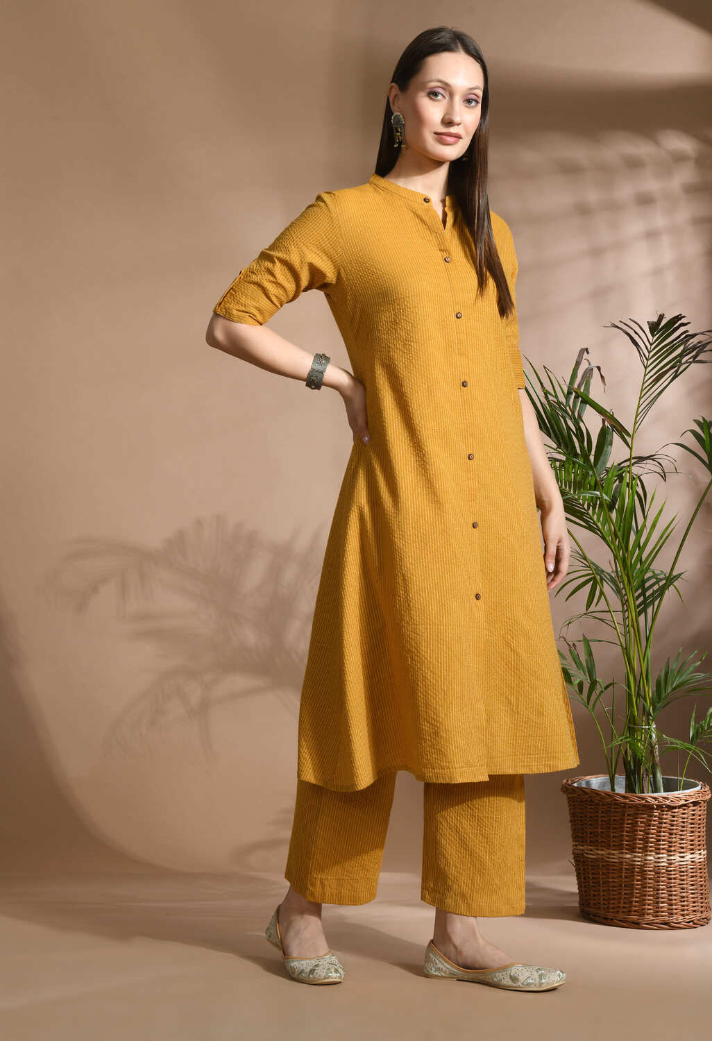 Women Mustard Cotton Katha & Trim Work Kurta Bottom Set