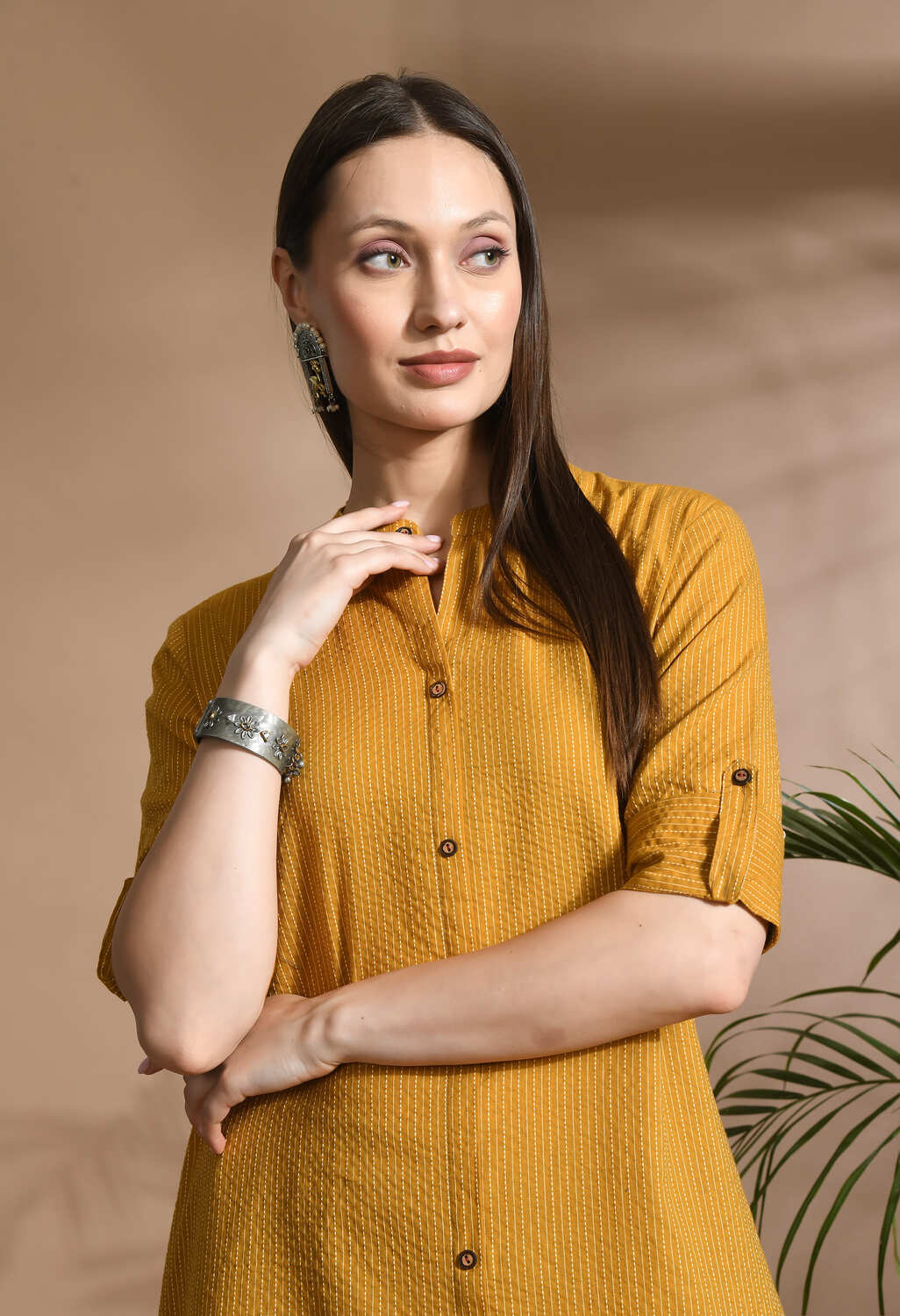 Women Mustard Cotton Katha & Trim Work Kurta Bottom Set