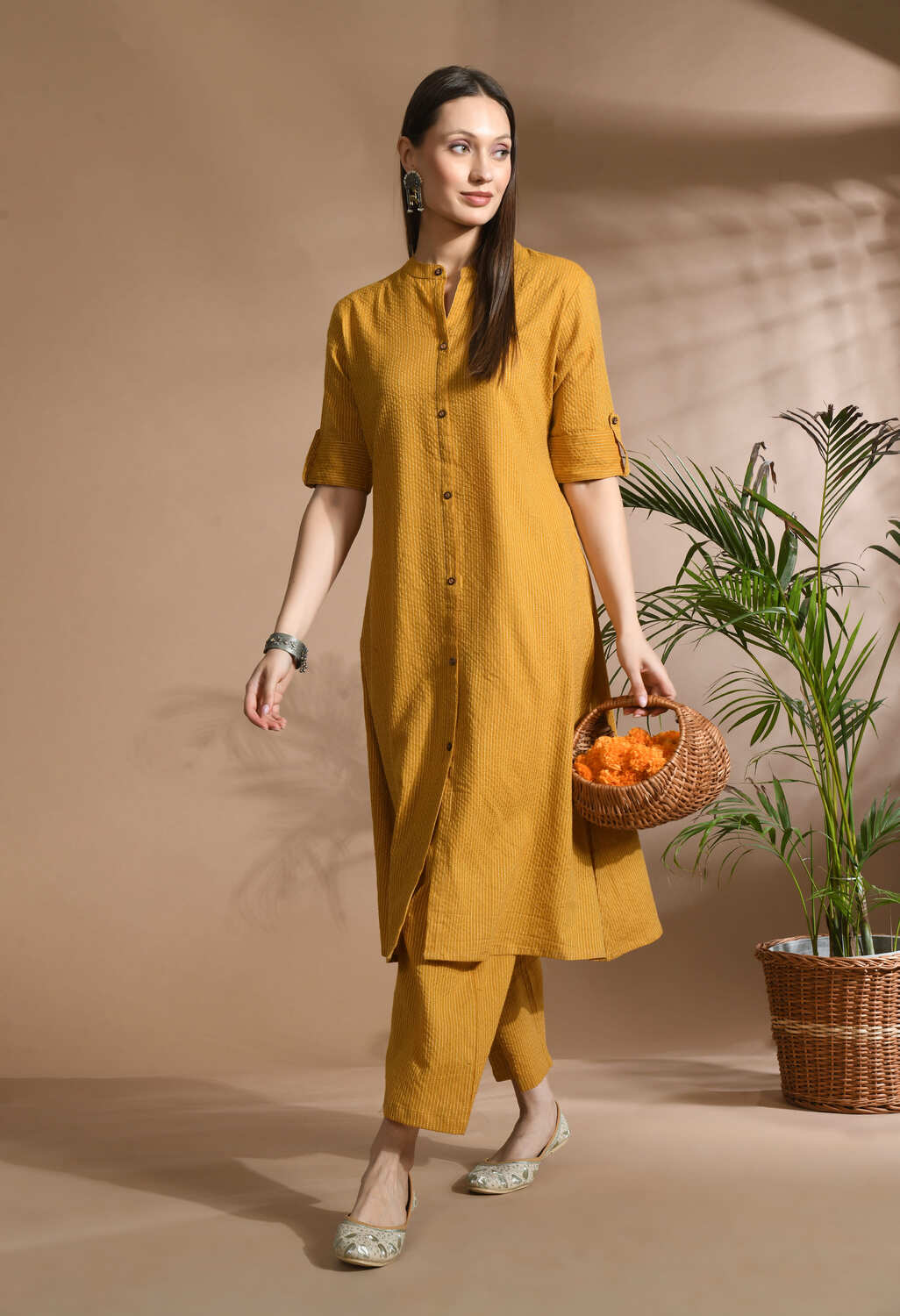Women Mustard Cotton Katha & Trim Work Kurta Bottom Set