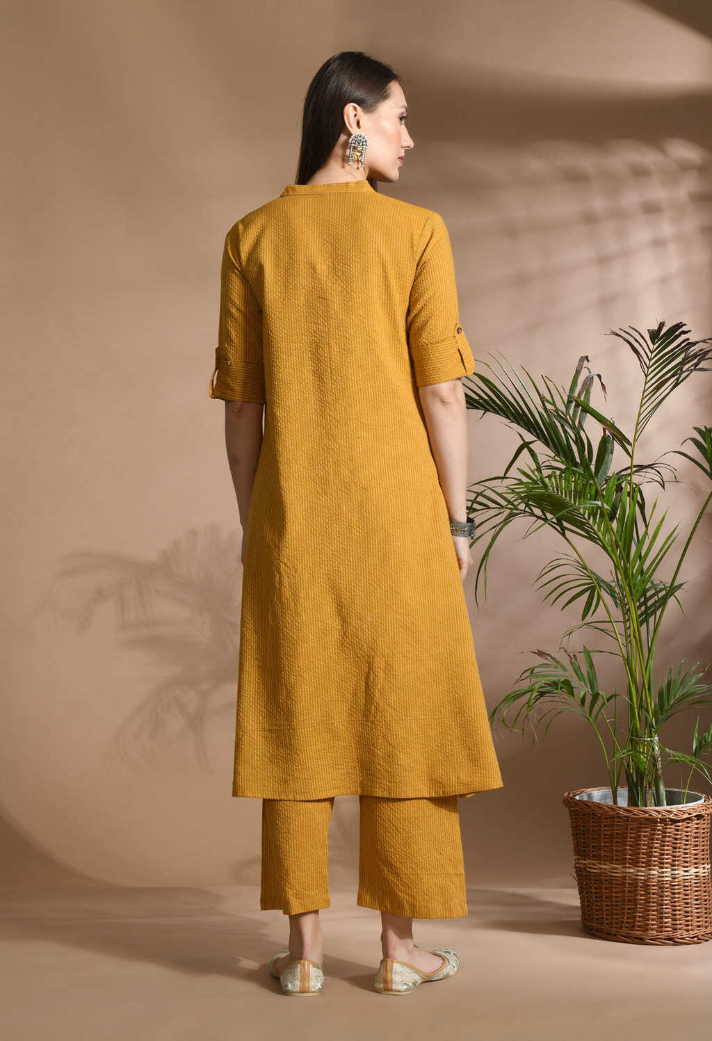 Women Mustard Cotton Katha & Trim Work Kurta Bottom Set