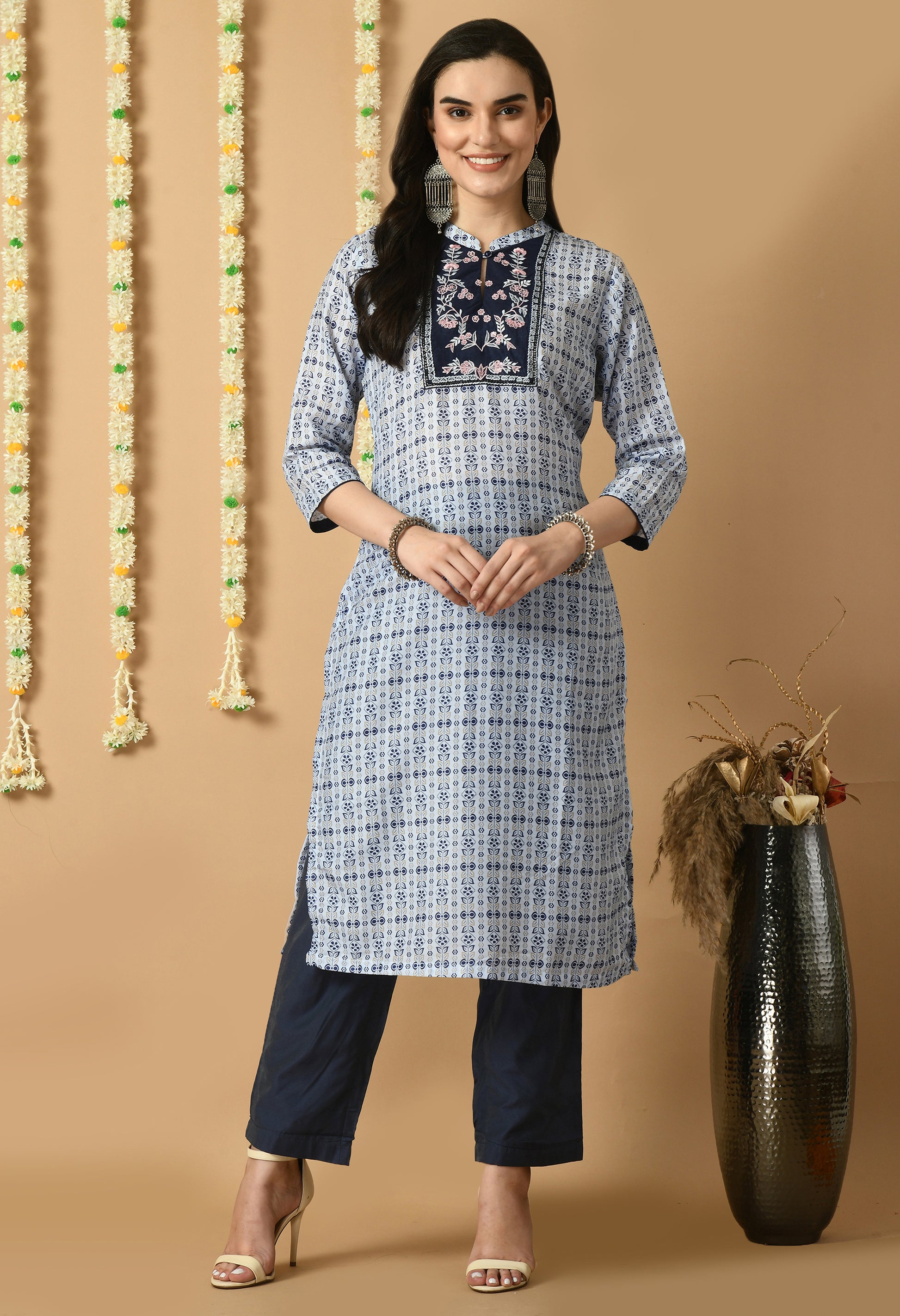 Blue Maslin Printed Collar Kurta Set