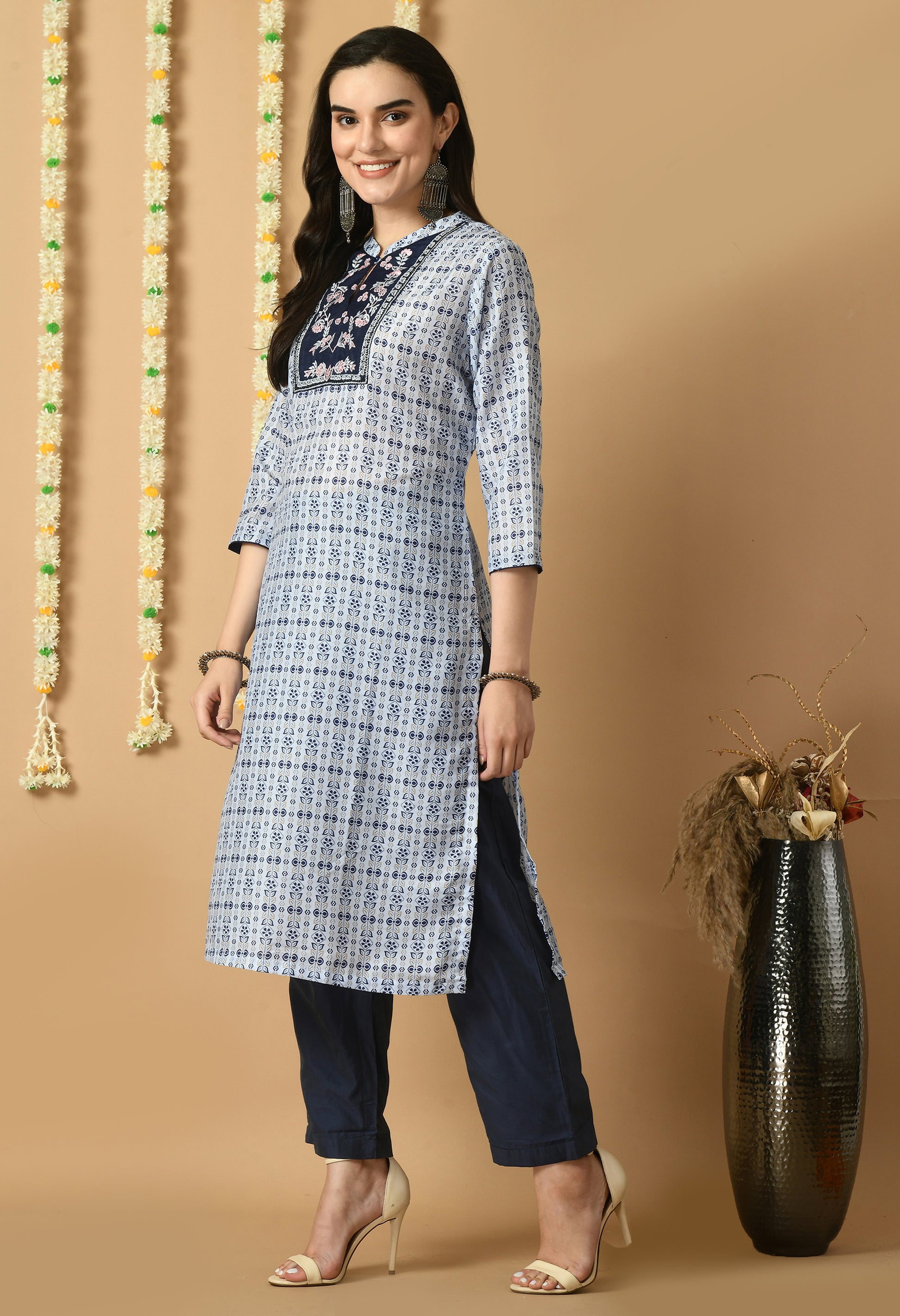 Blue Maslin Printed Collar Kurta Set
