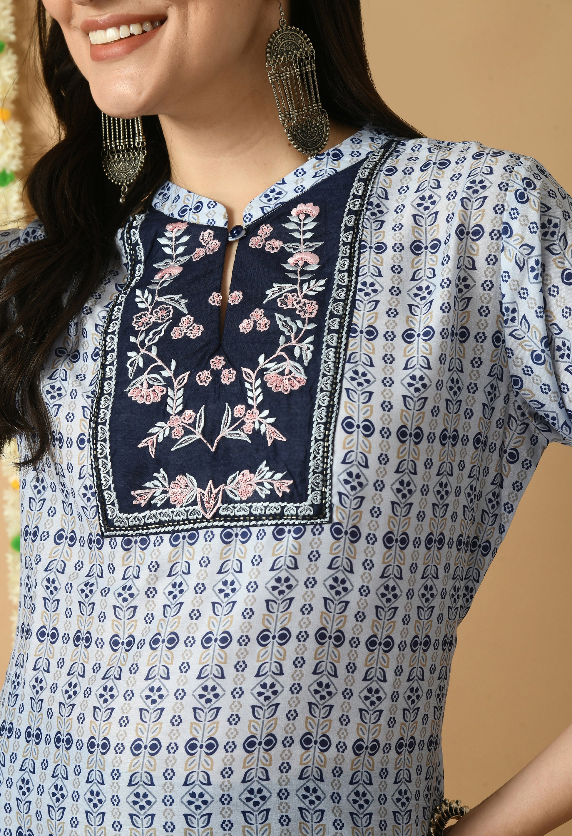 Blue Maslin Printed Collar Kurta Set