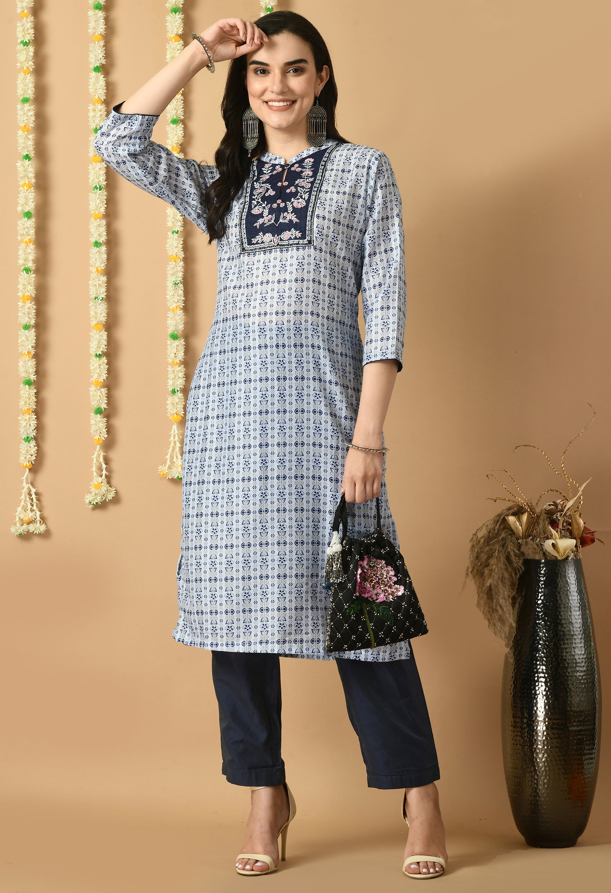 Blue Maslin Printed Collar Kurta Set