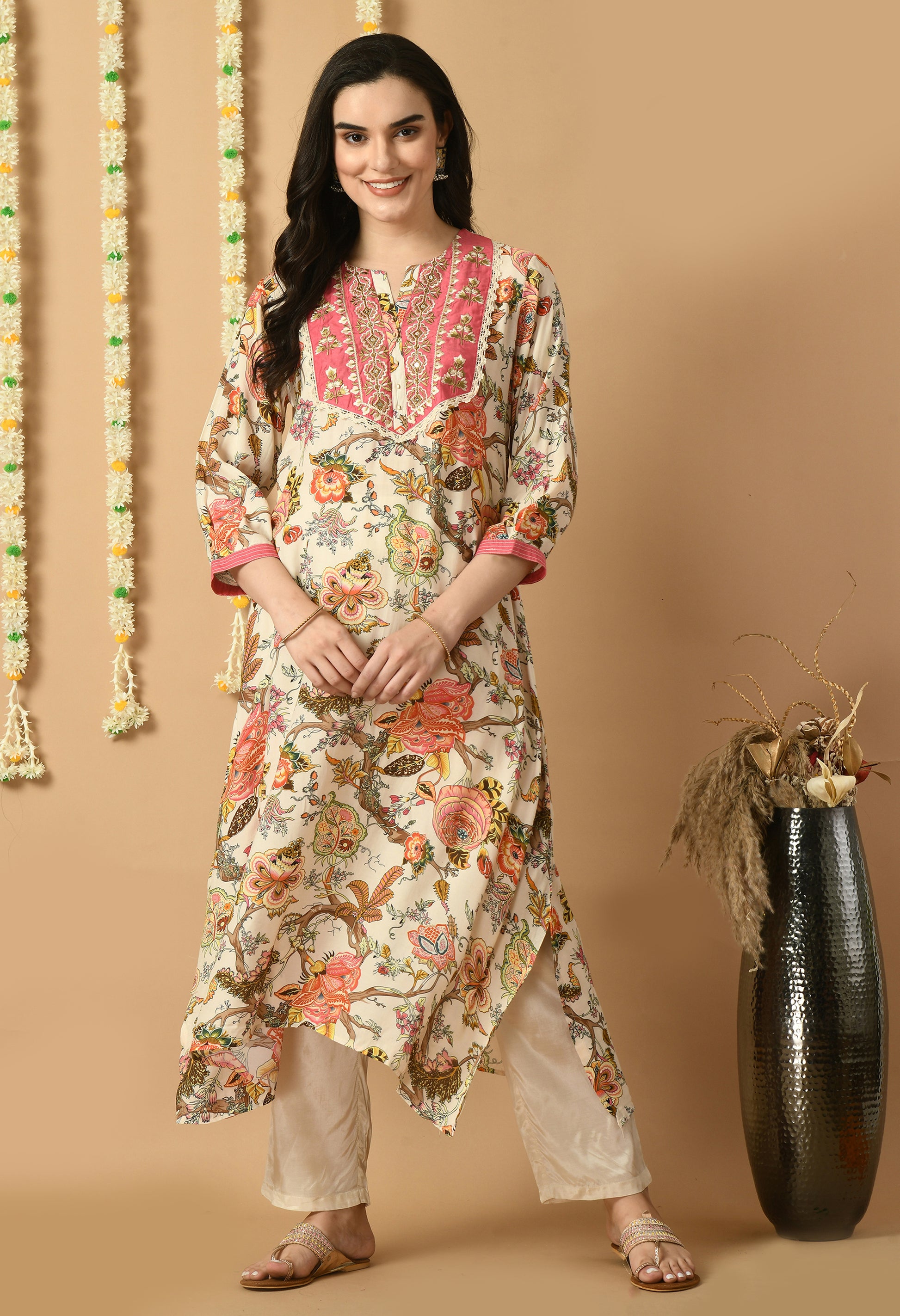 Peach Maslin Printed Kurta Set