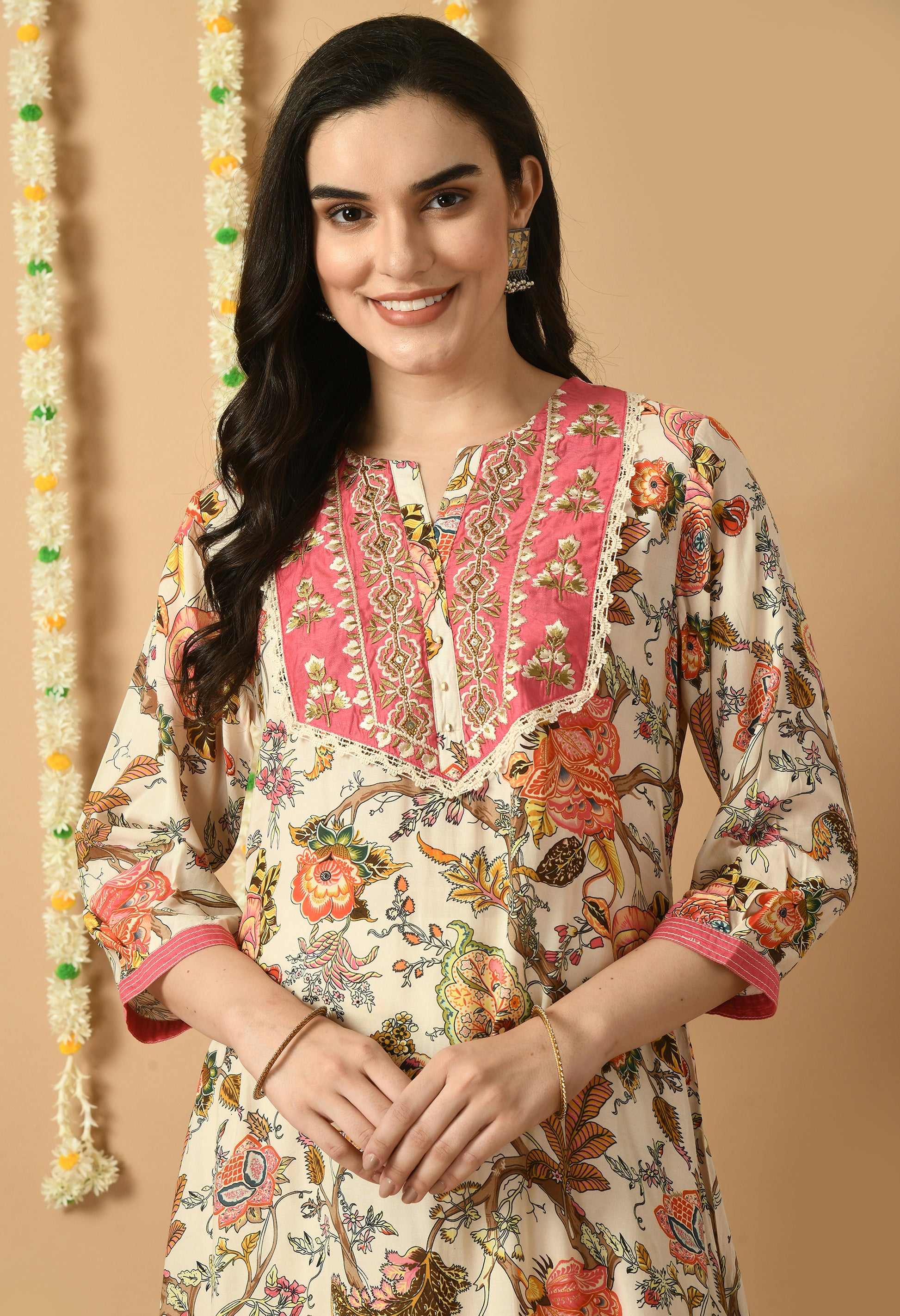 Peach Maslin Printed Kurta Set
