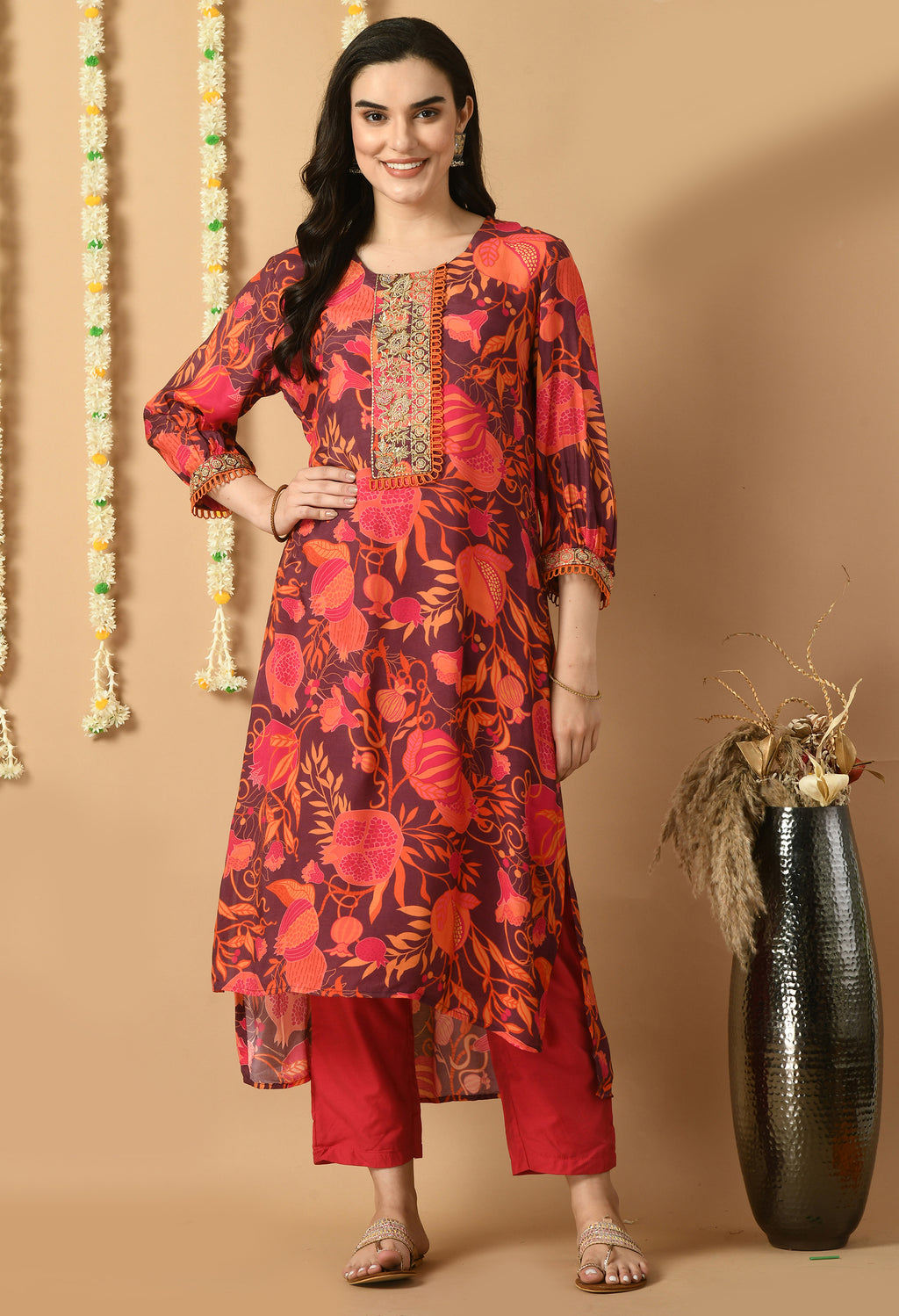 Red Maslin Printed Kurta Set