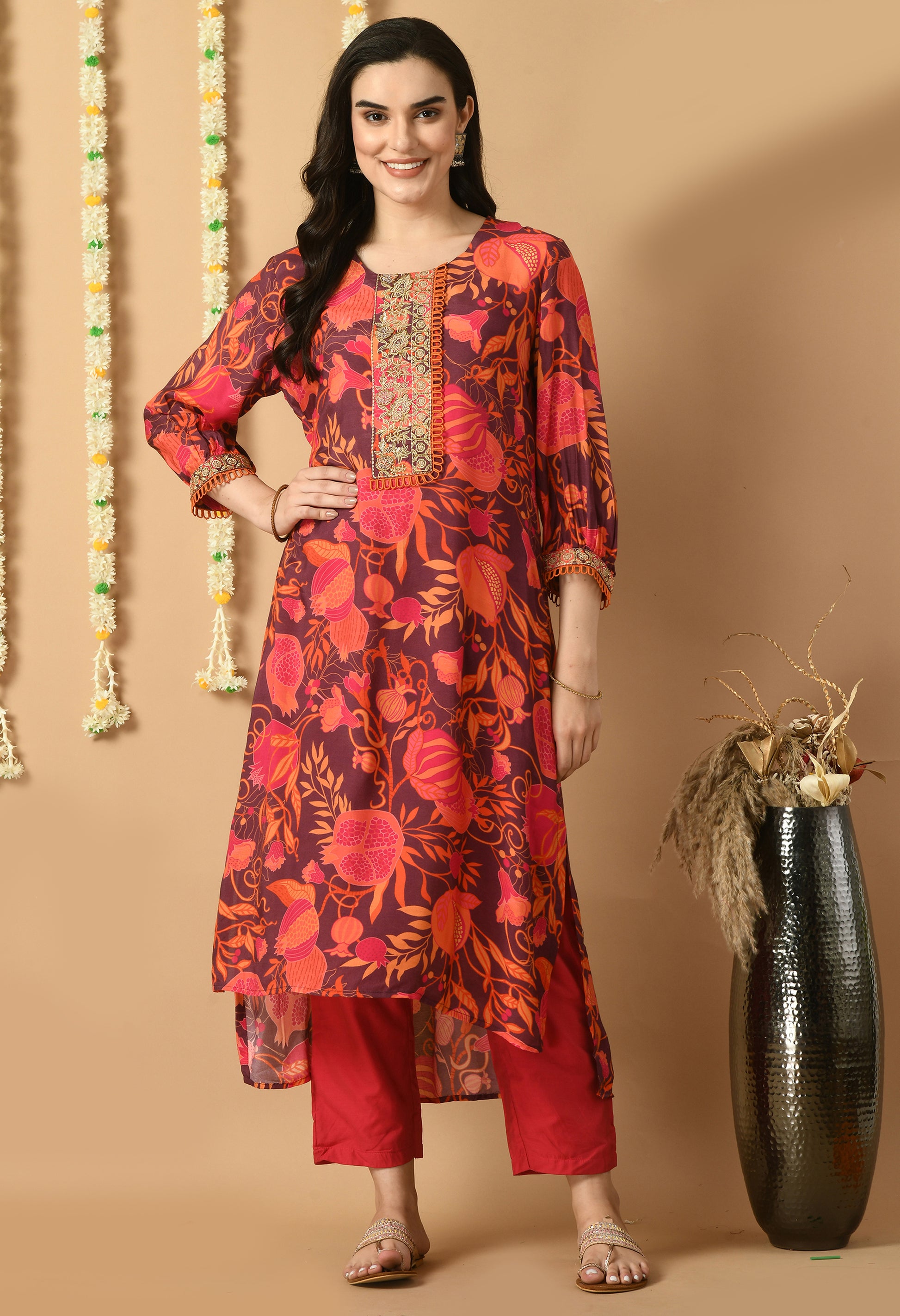 Red Maslin Printed Kurta Set