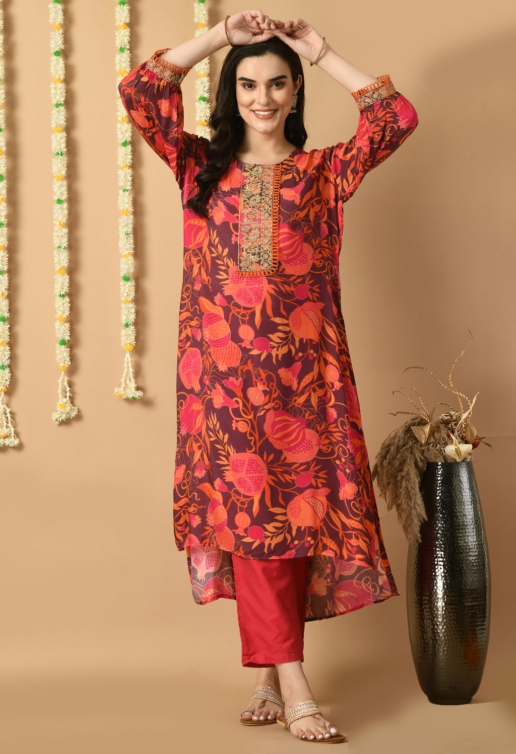 Red Maslin Printed Kurta Set