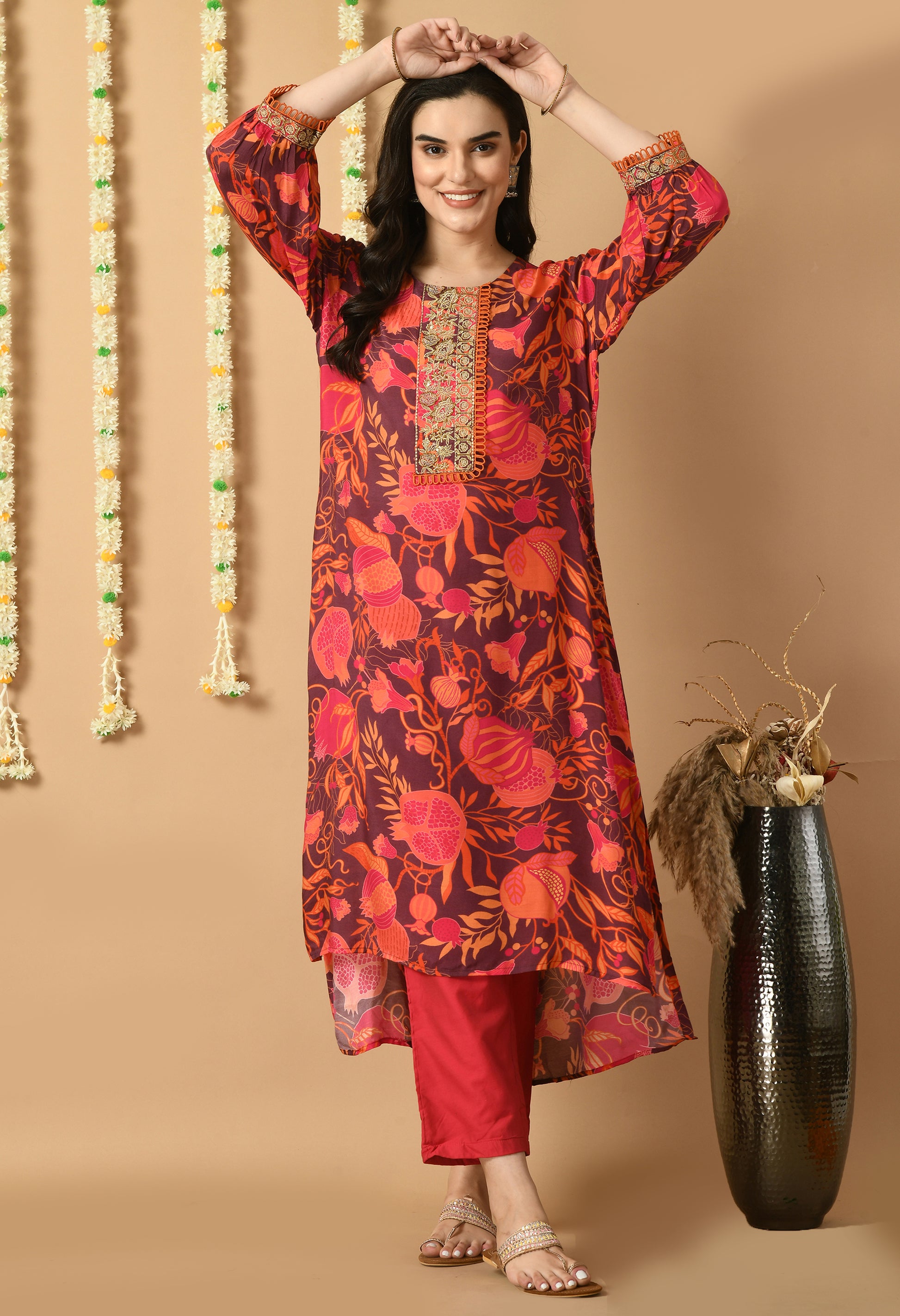 Red Maslin Printed Kurta Set
