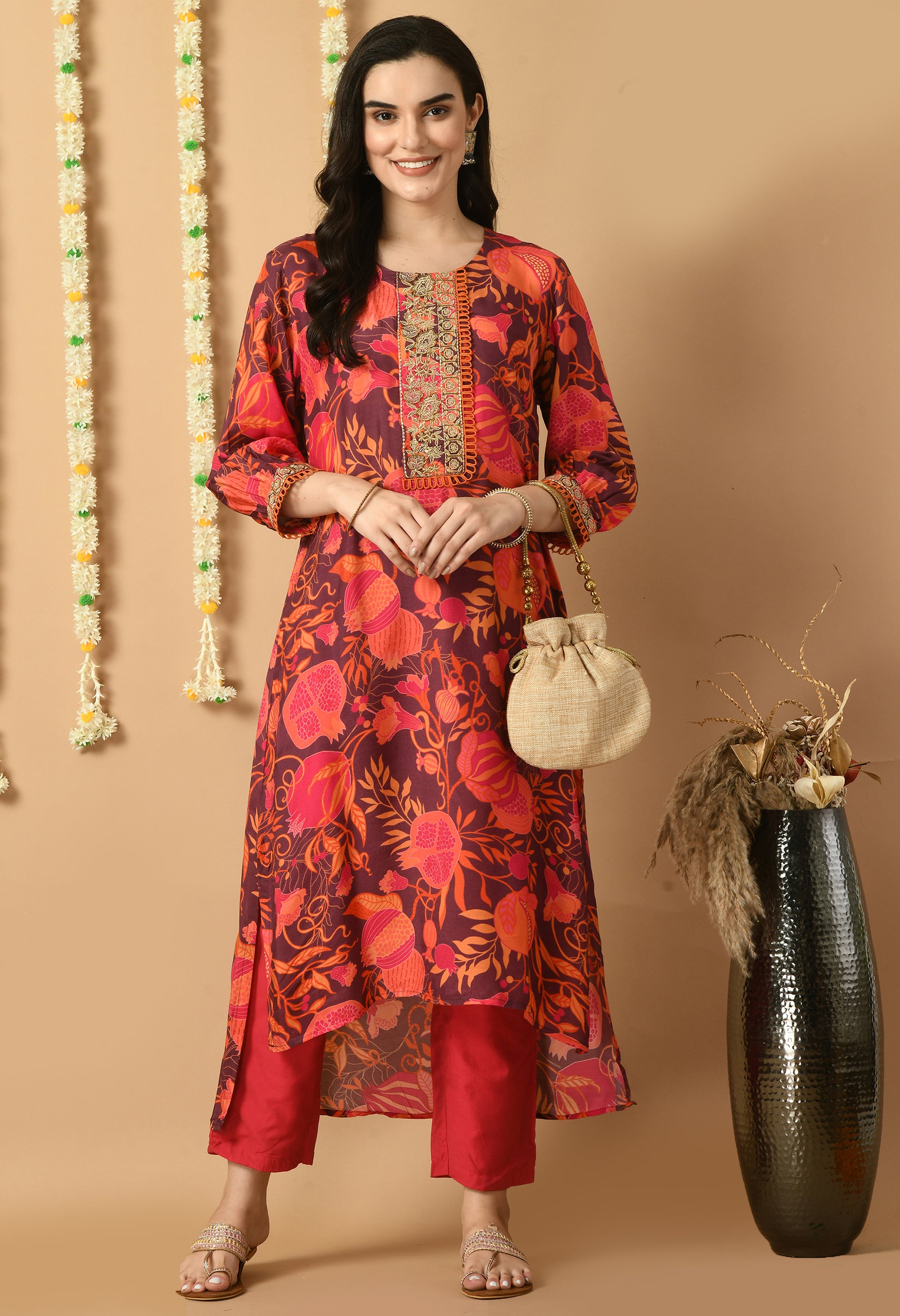 Red Maslin Printed Kurta Set