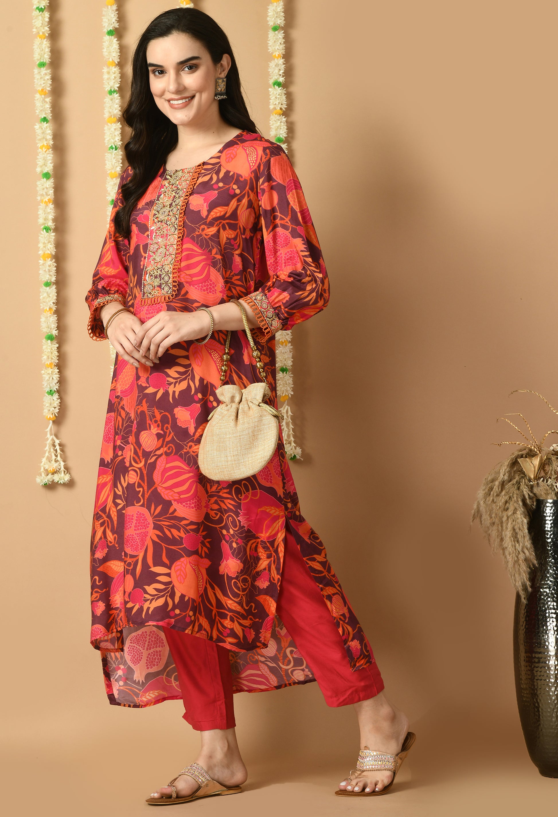 Red Maslin Printed Kurta Set
