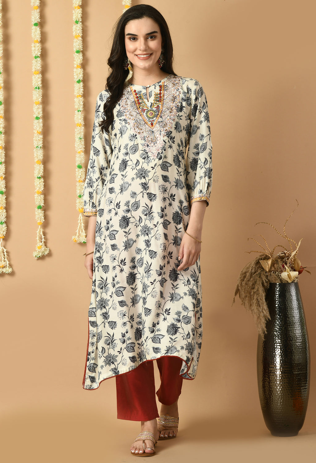 White Maslin Printed Kurta Set
