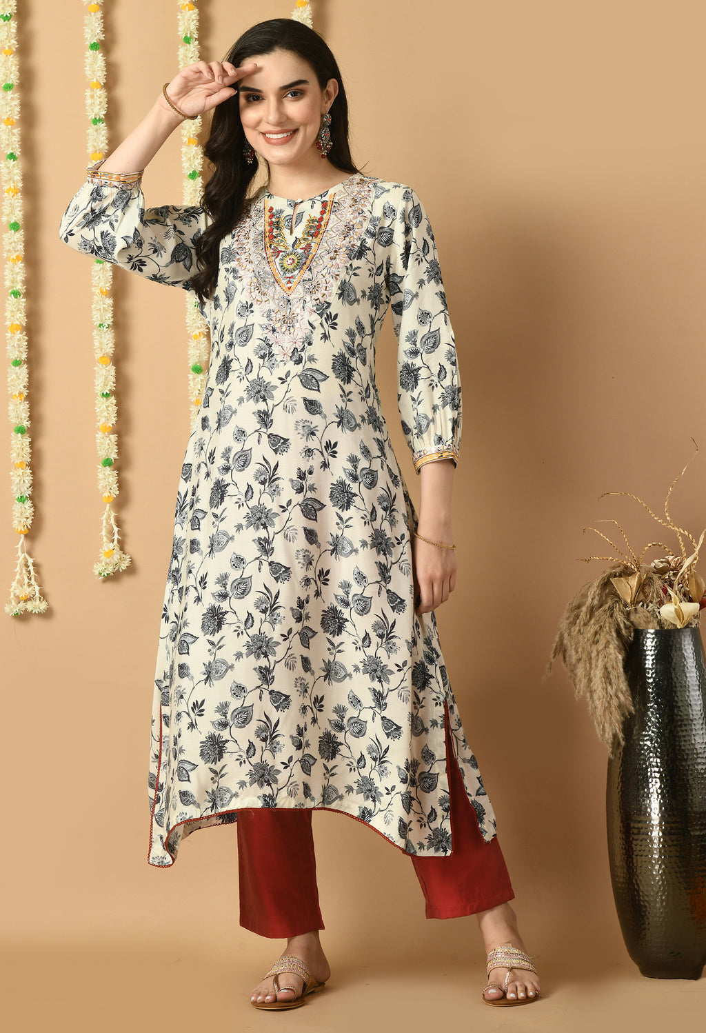 White Maslin Printed Kurta Set