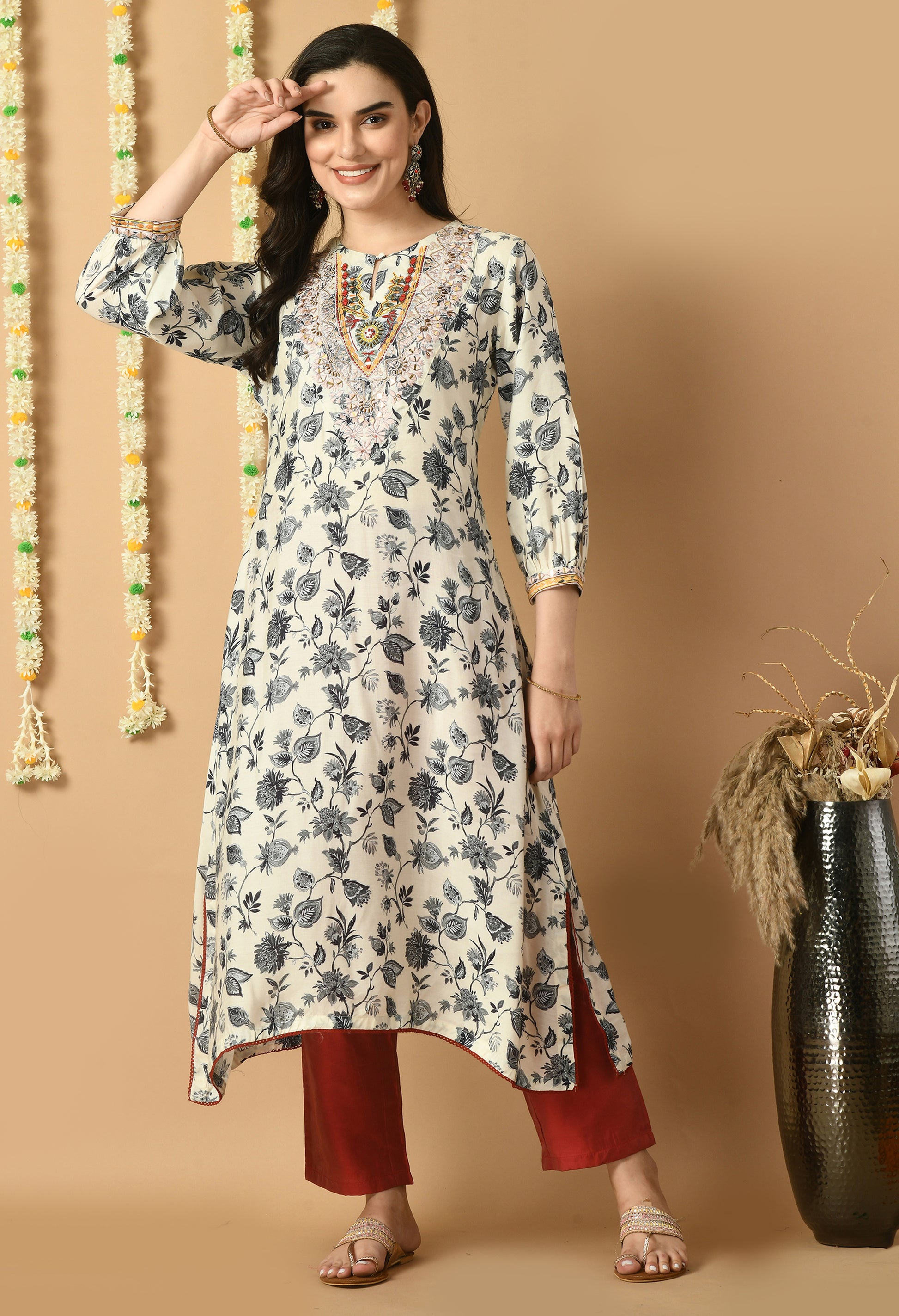 White Maslin Printed Kurta Set