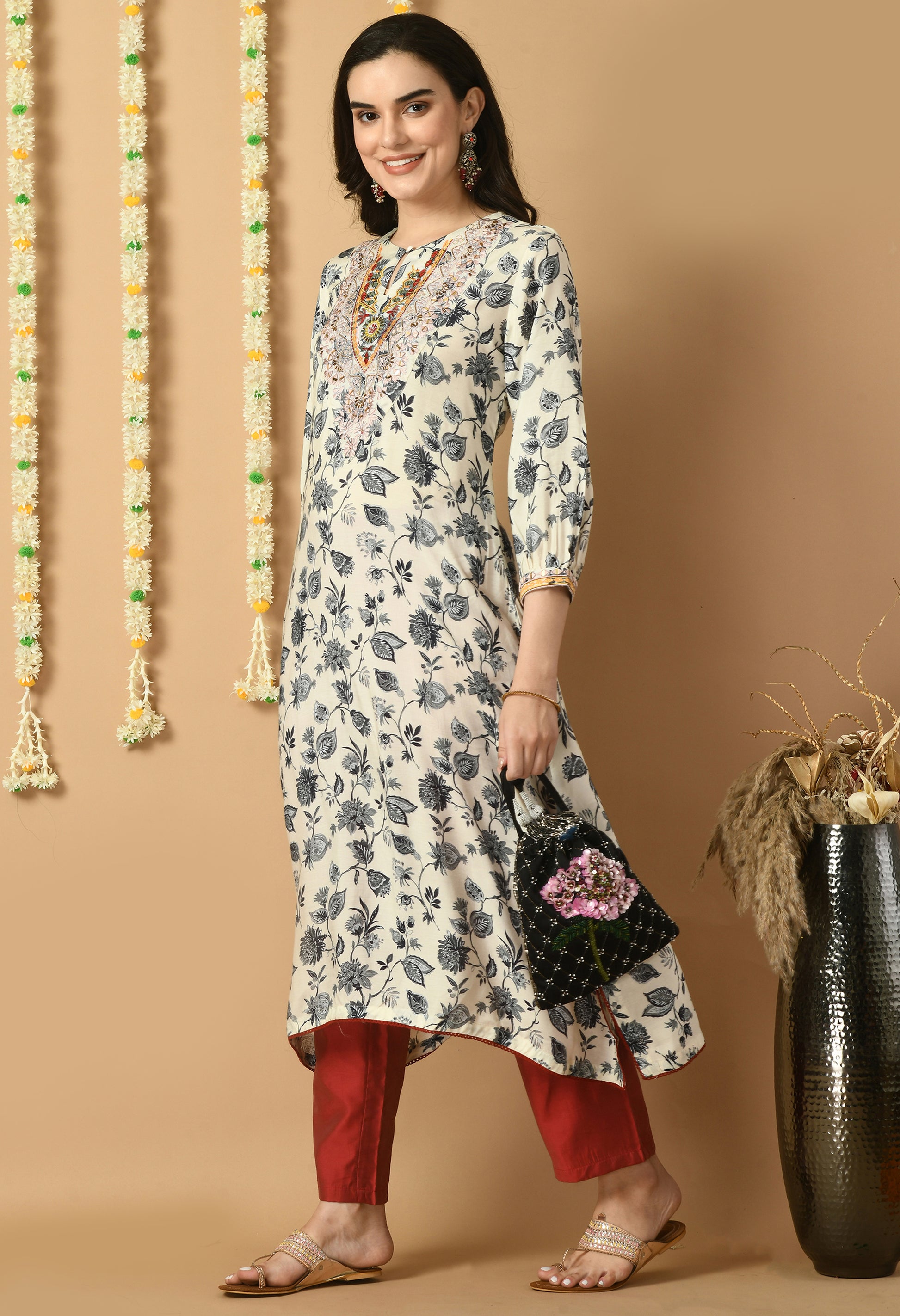 White Maslin Printed Kurta Set