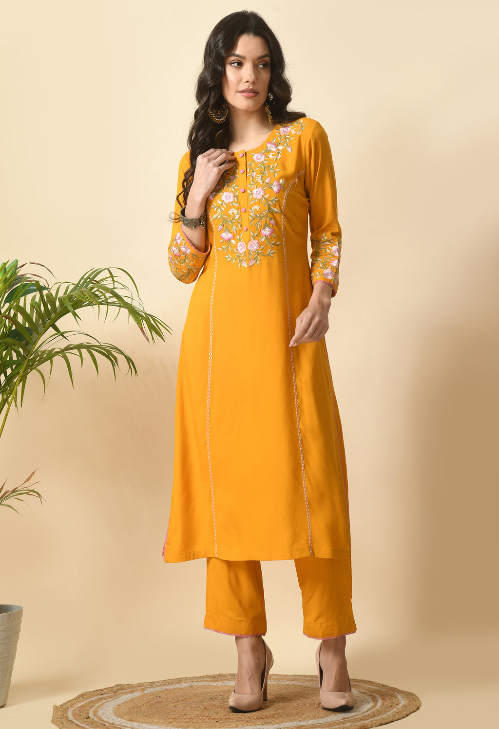 Yellow Cotton Embroidery Kurta Set