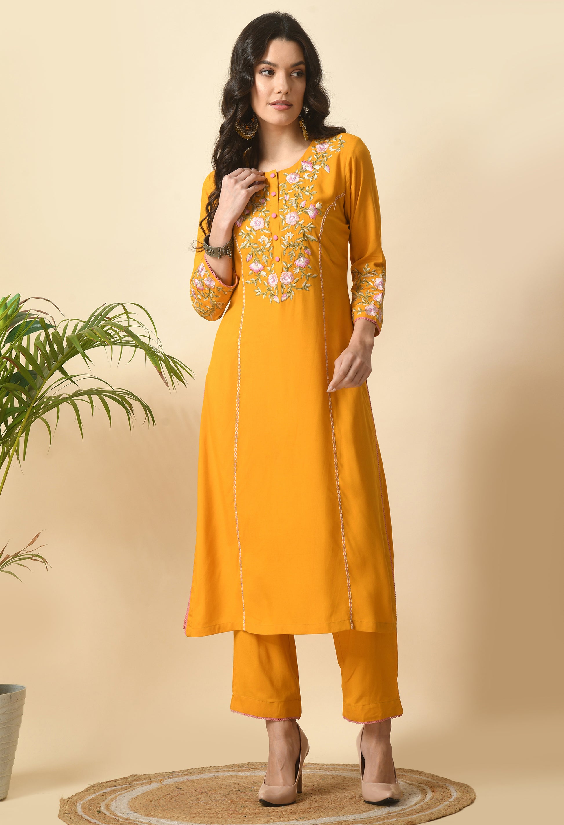 Yellow Cotton Embroidery Kurta Set