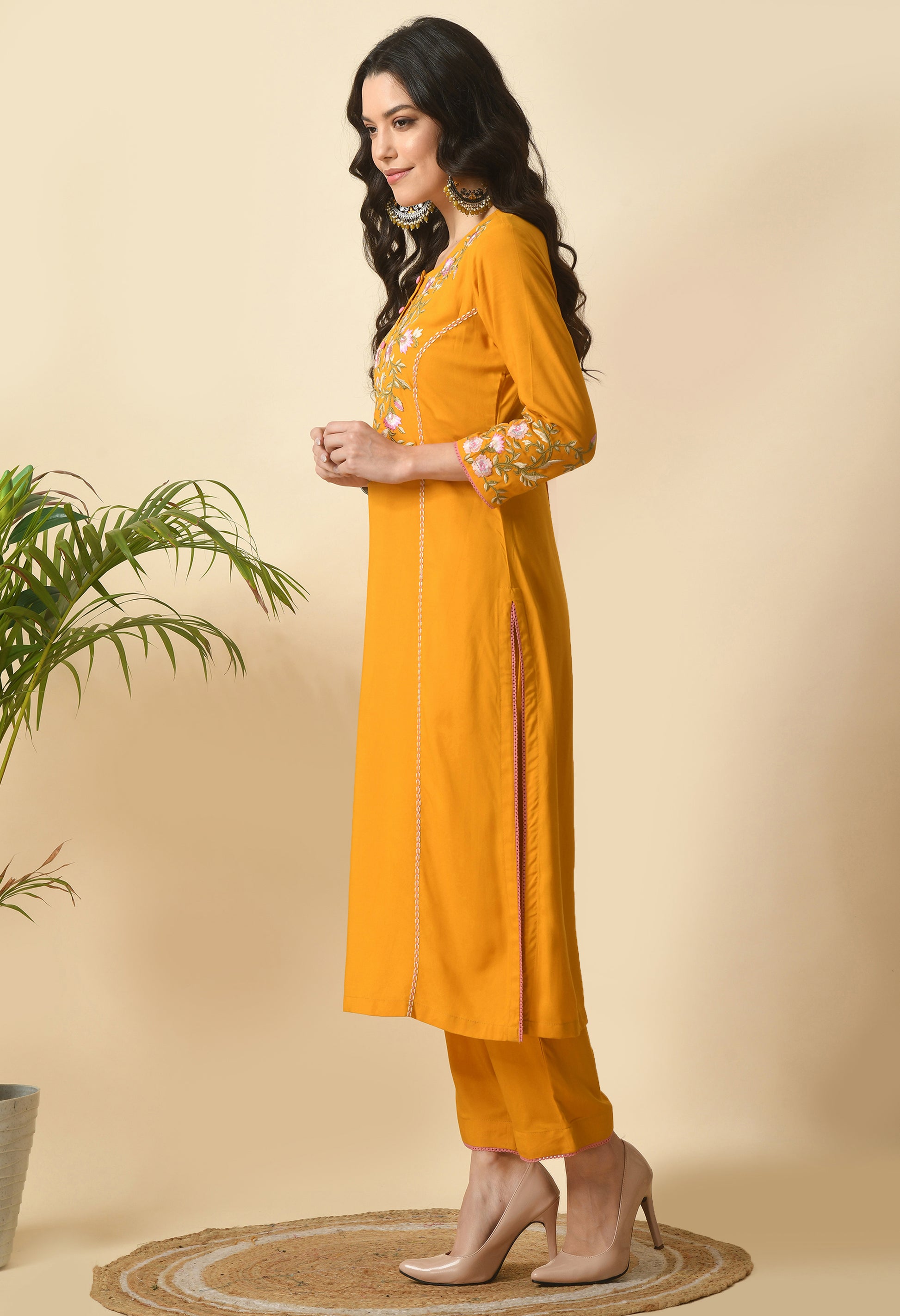 Yellow Cotton Embroidery Kurta Set