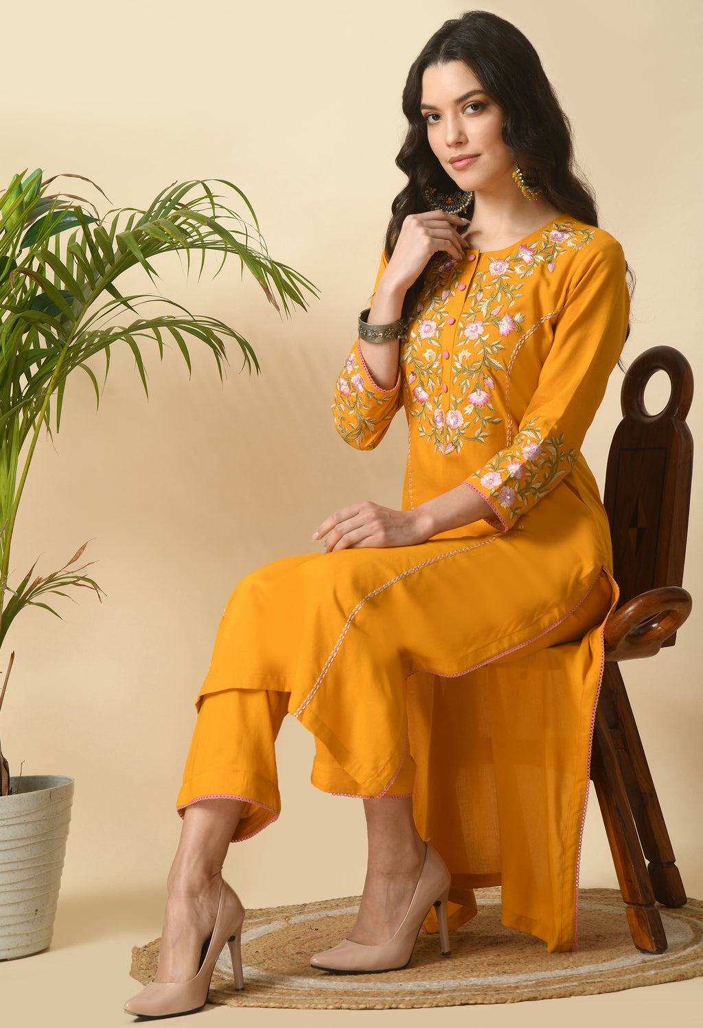 Yellow Cotton Embroidery Kurta Set