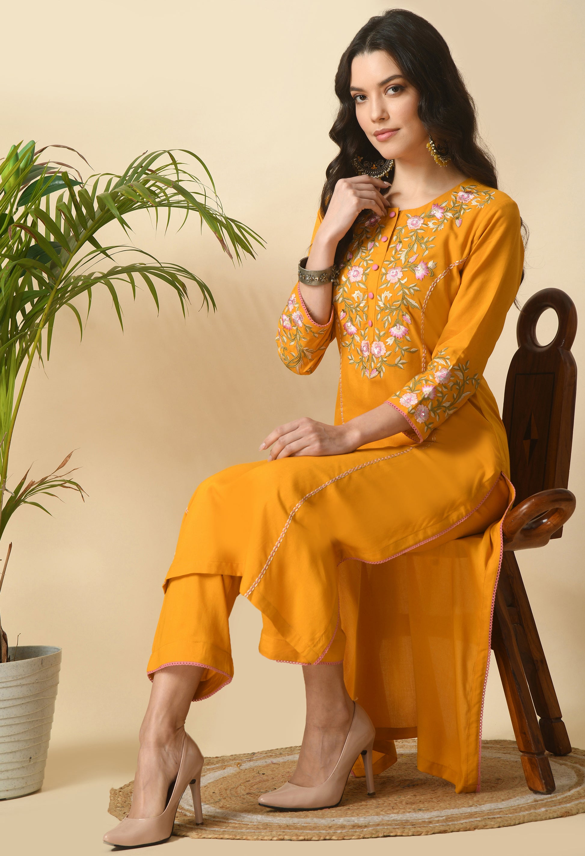 Yellow Cotton Embroidery Kurta Set