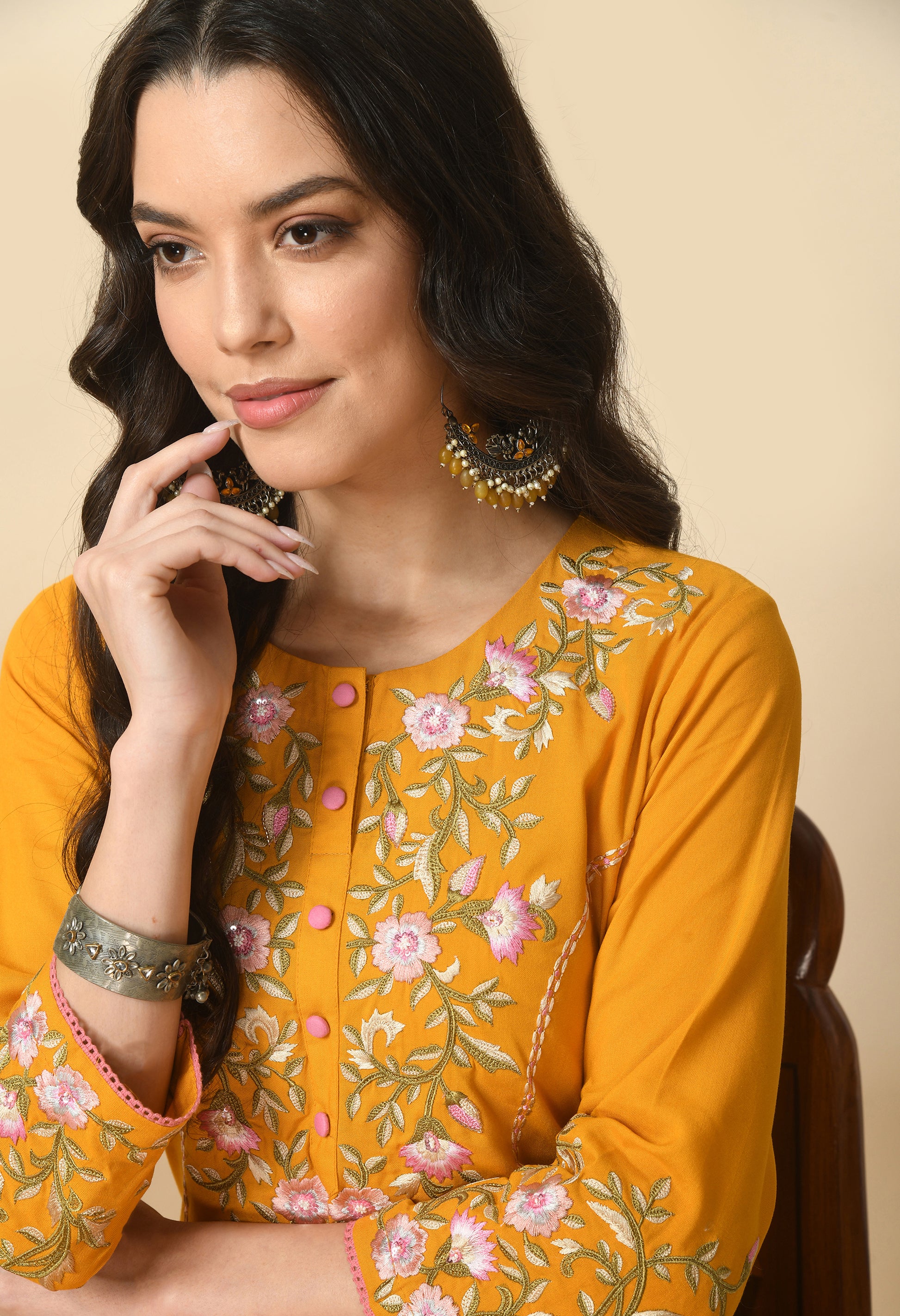 Yellow Cotton Embroidery Kurta Set