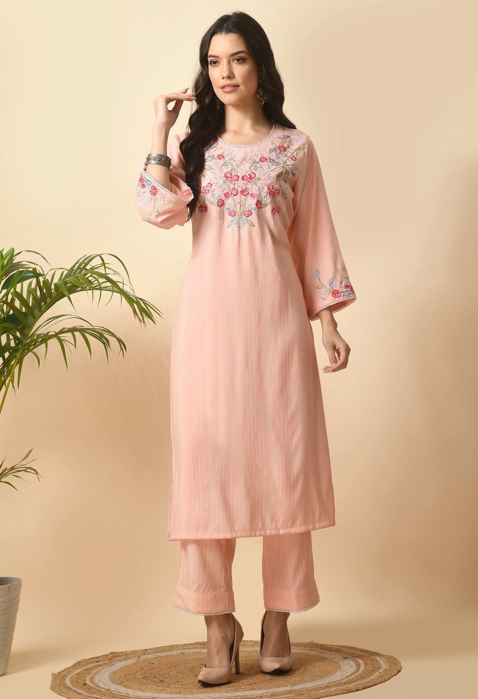 Peach Cotton Embroidery Kurta Set