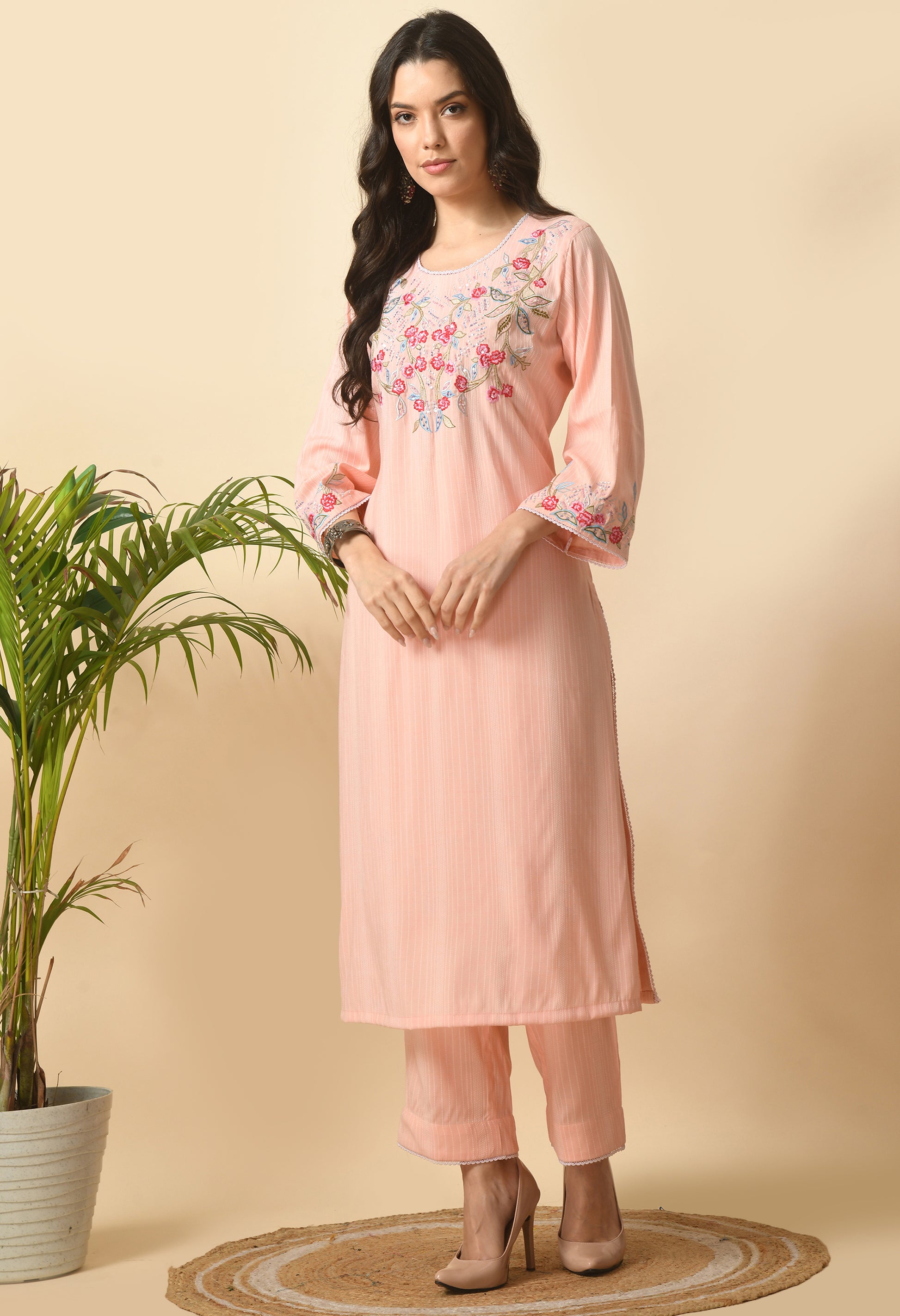Peach Cotton Embroidery Kurta Set