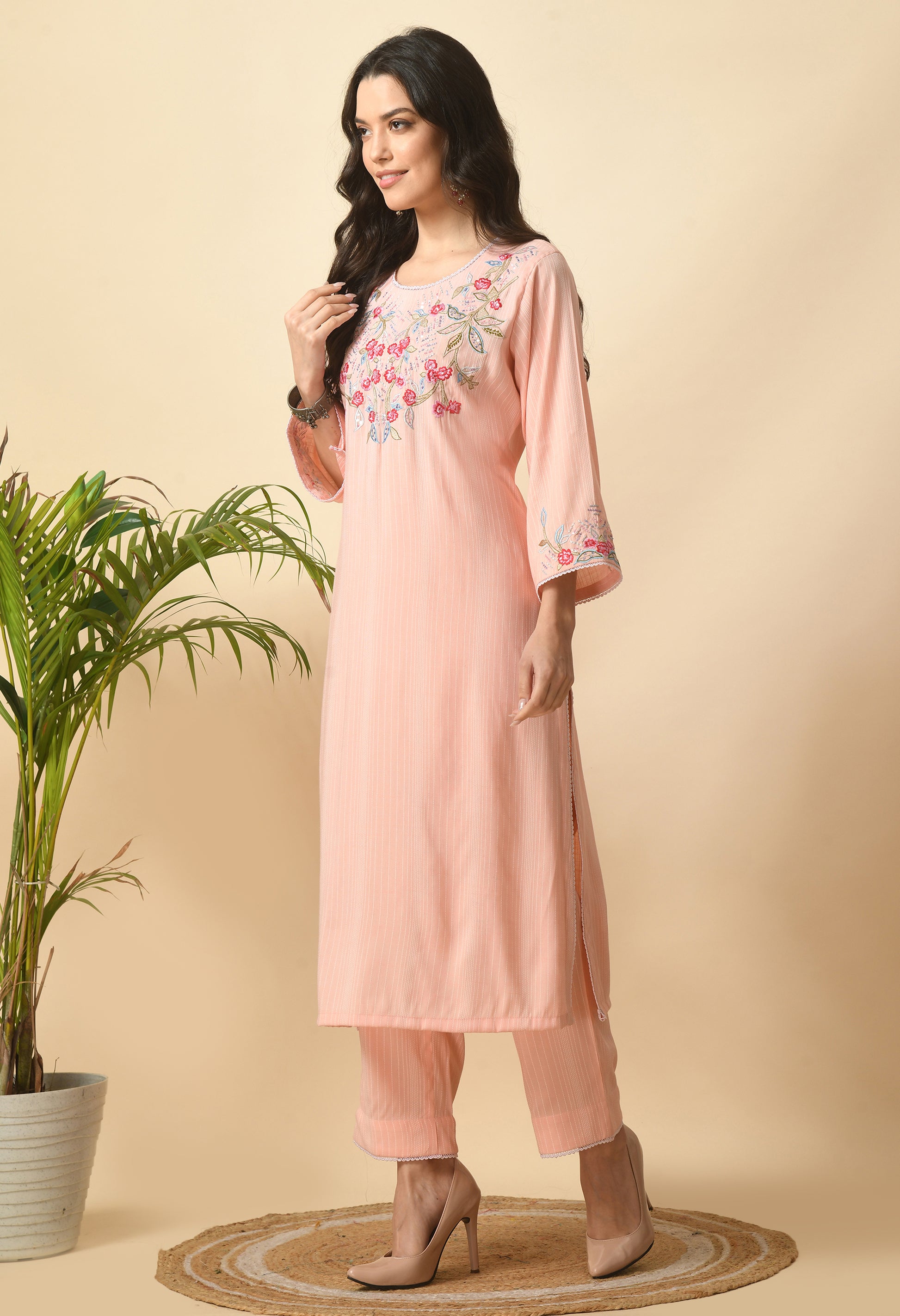 Peach Cotton Embroidery Kurta Set