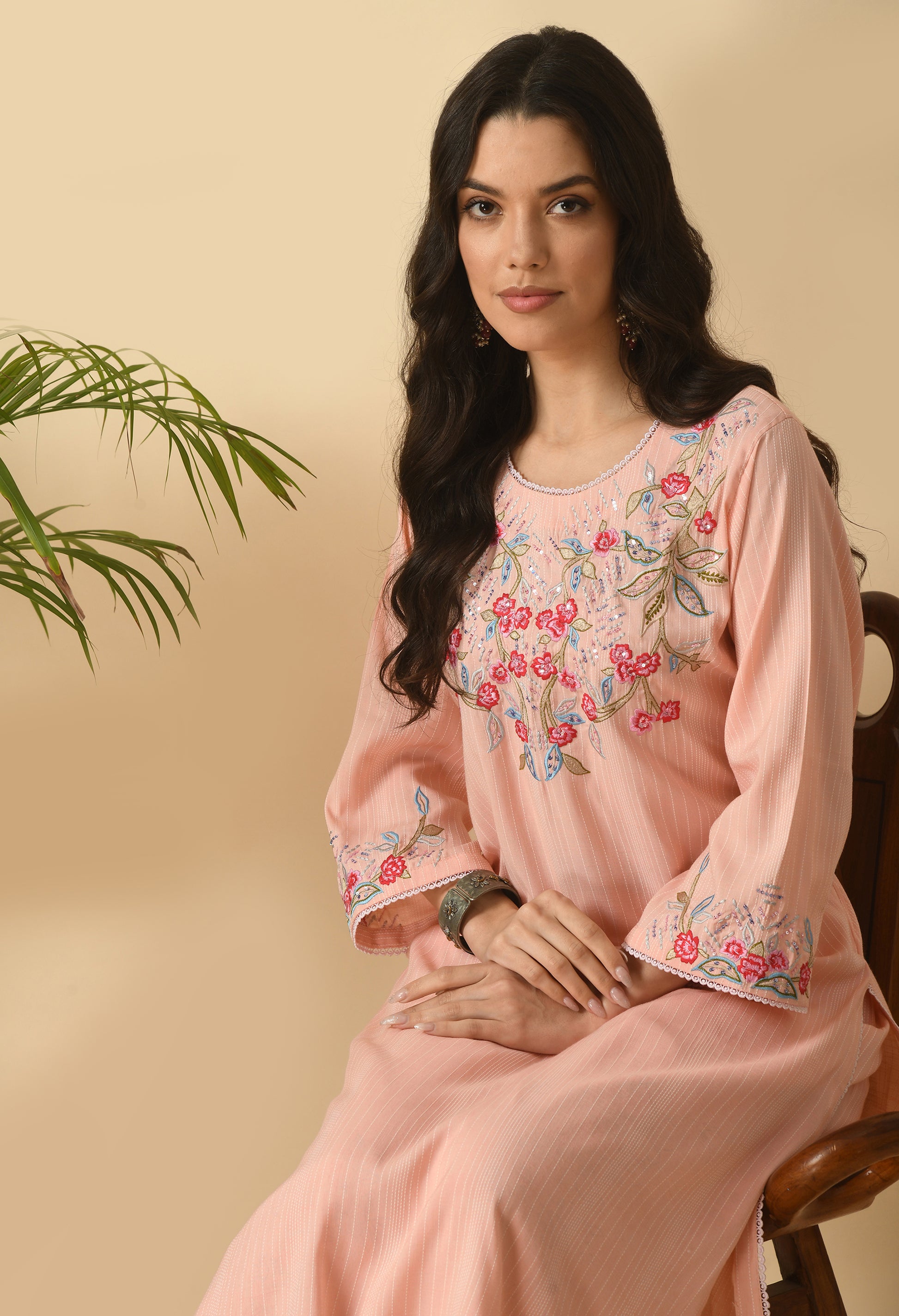 Peach Cotton Embroidery Kurta Set