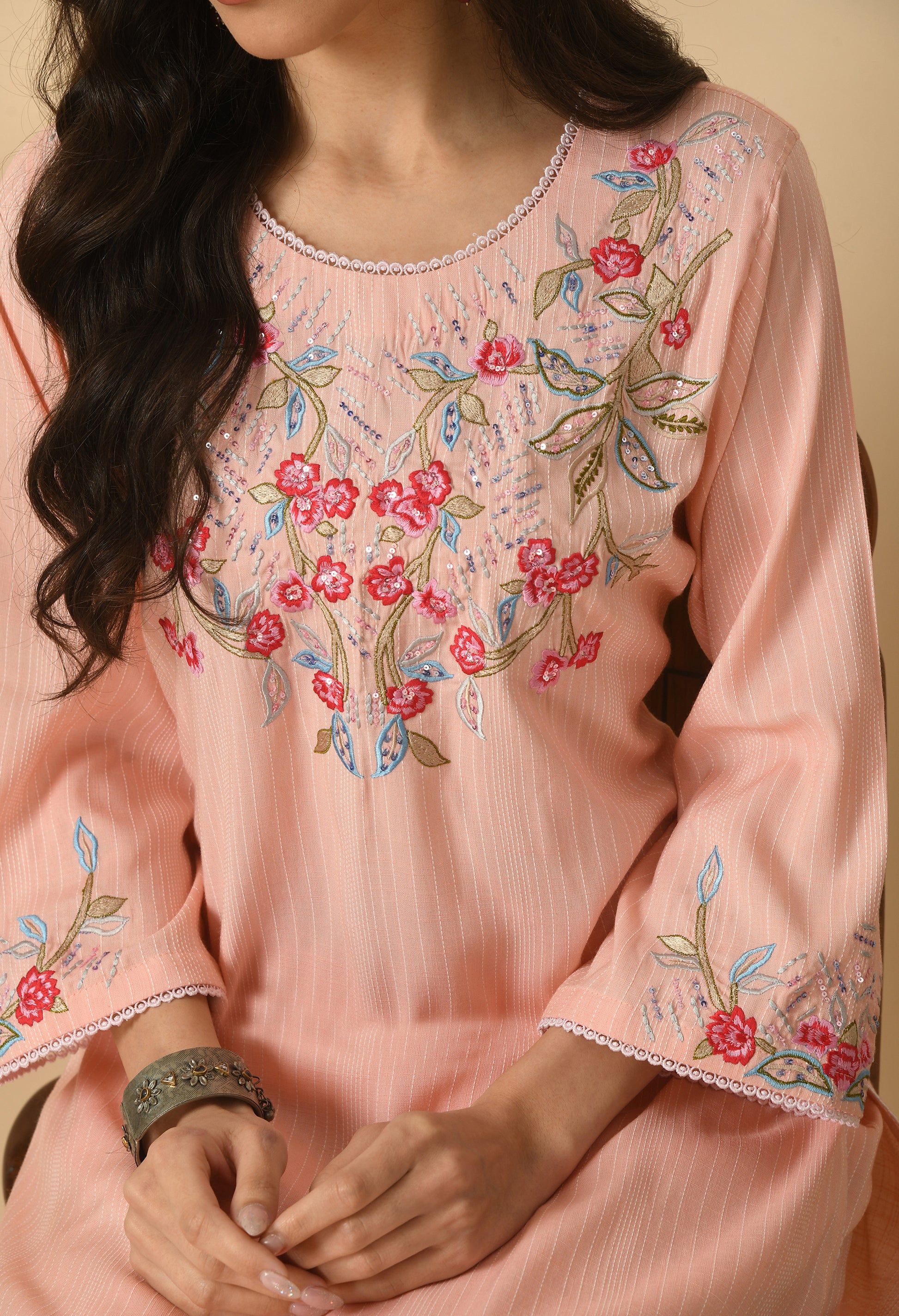 Peach Cotton Embroidery Kurta Set