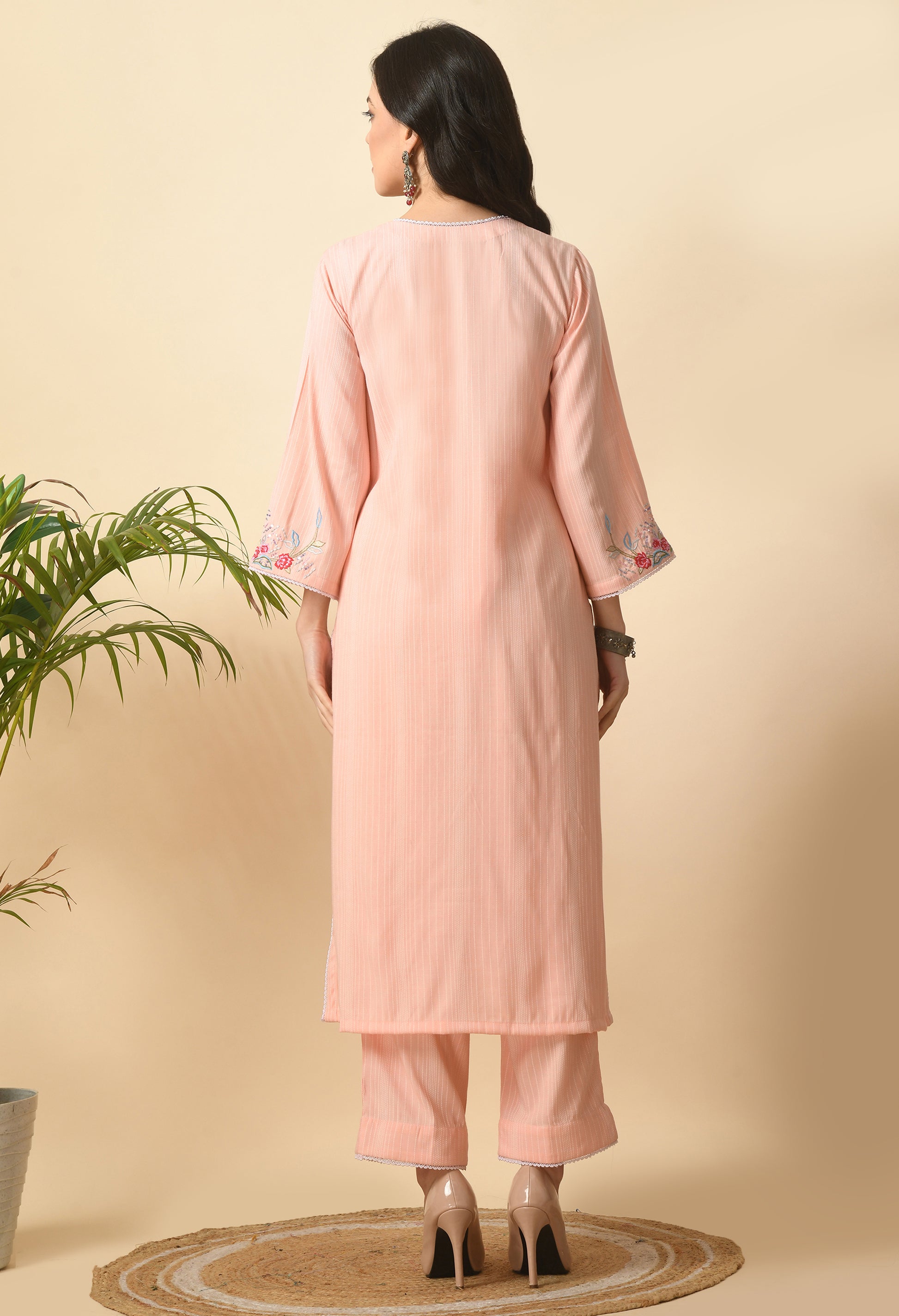 Peach Cotton Embroidery Kurta Set