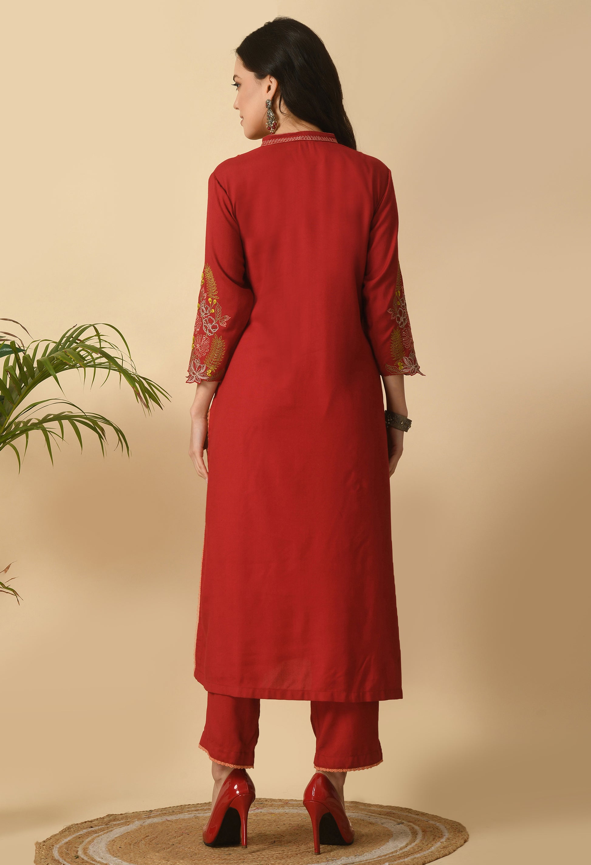 Maroon Cotton Self Design Collar Kurta Set