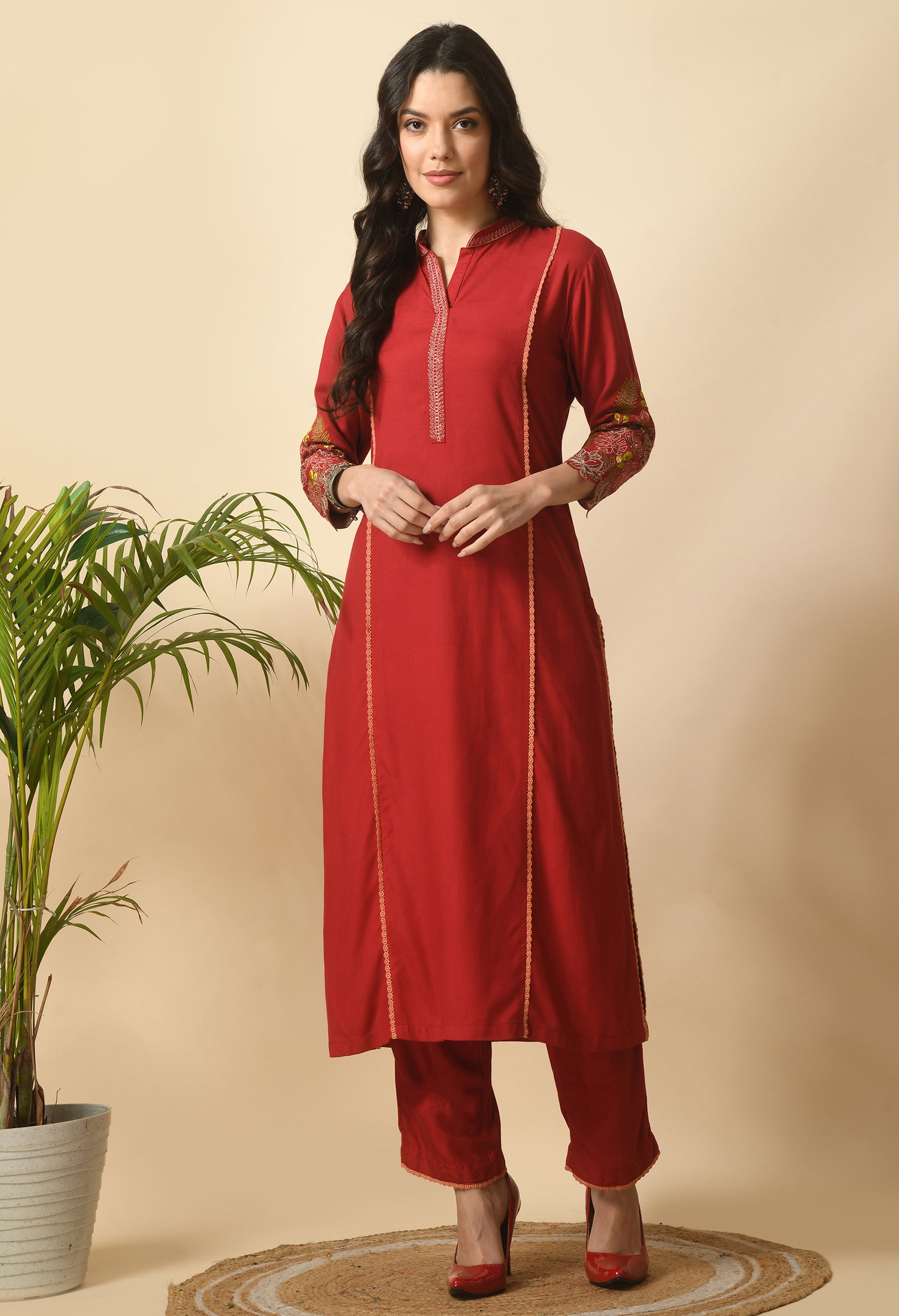 Maroon Cotton Self Design Collar Kurta Set