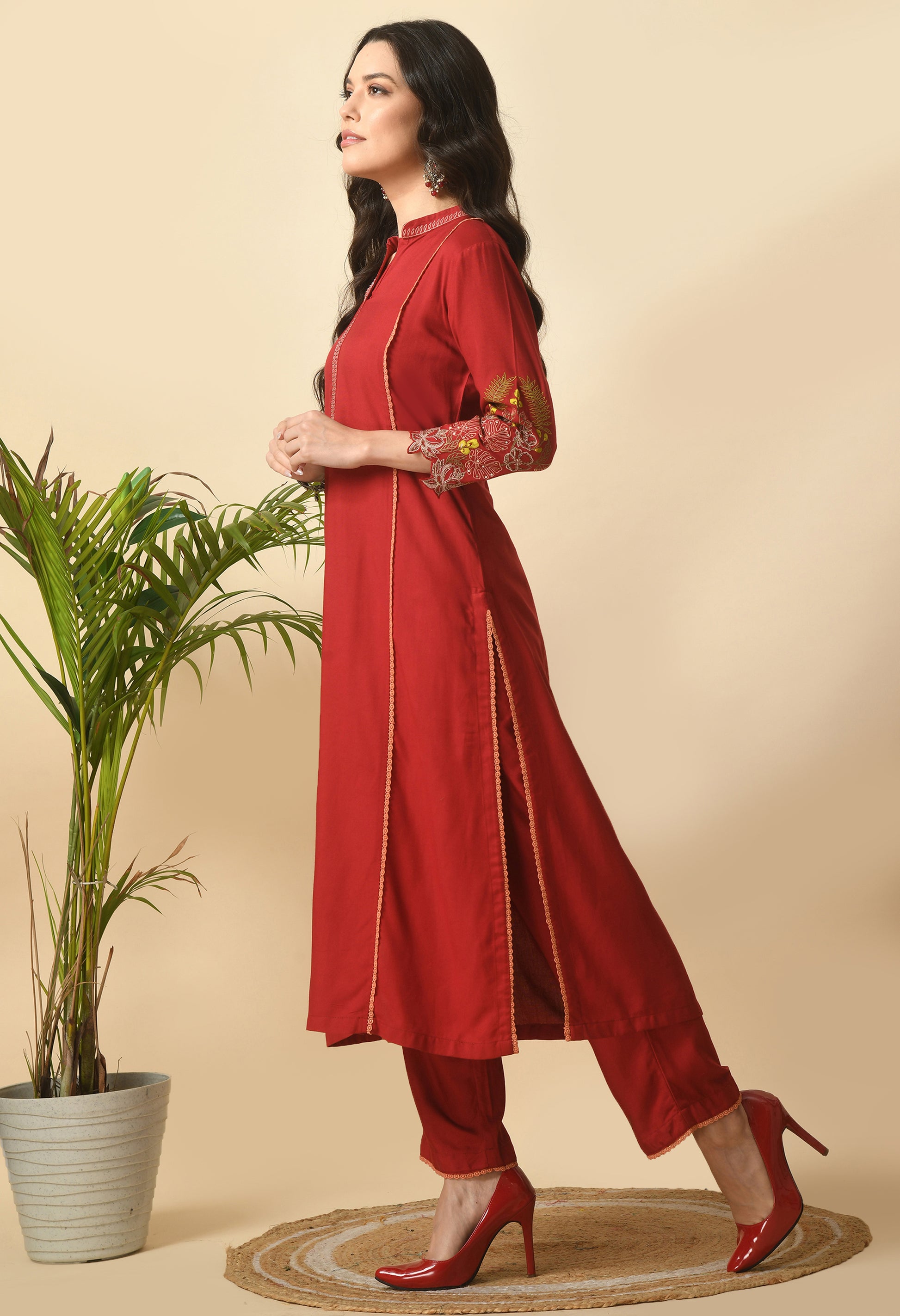 Maroon Cotton Self Design Collar Kurta Set
