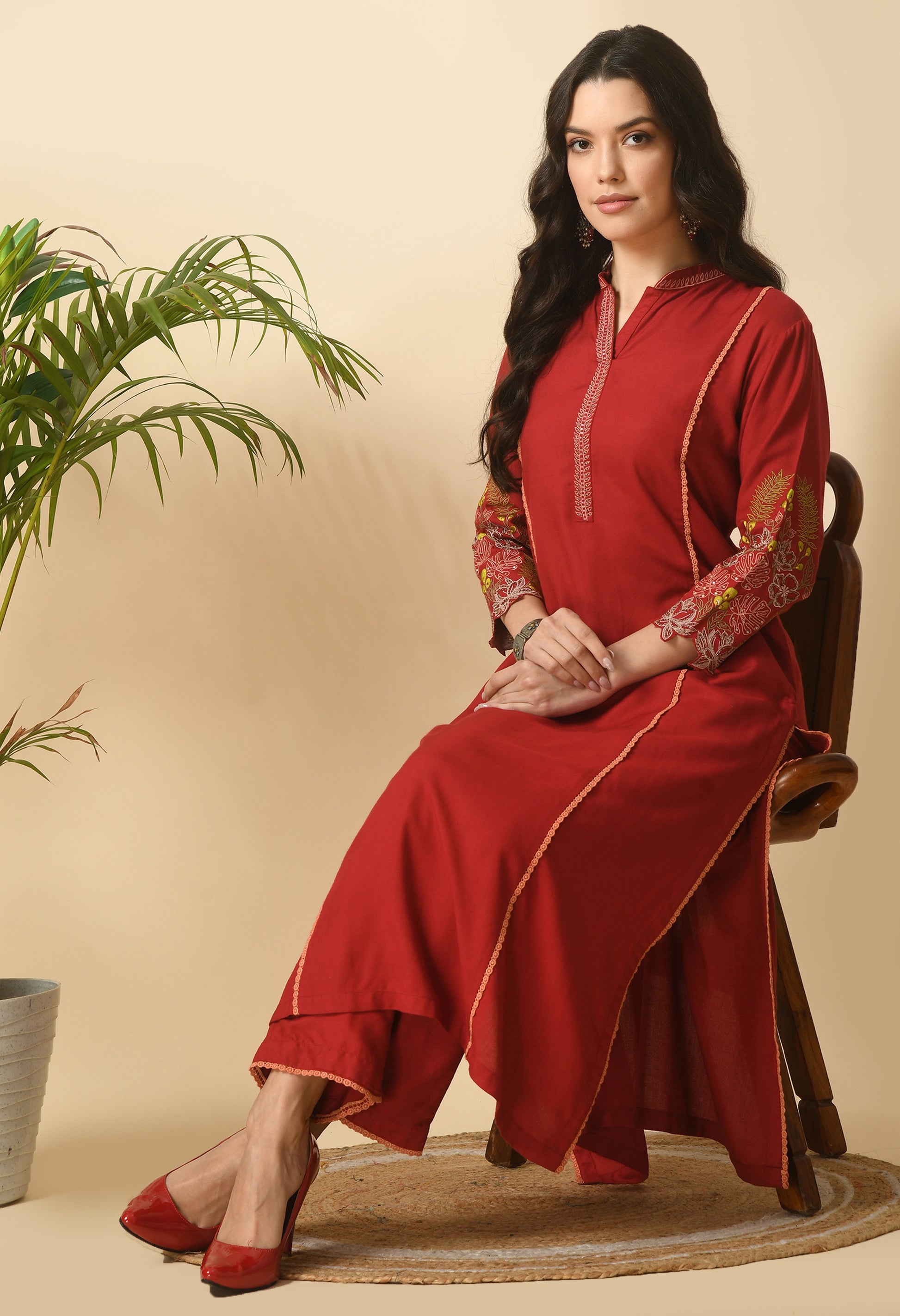 Maroon Cotton Self Design Collar Kurta Set