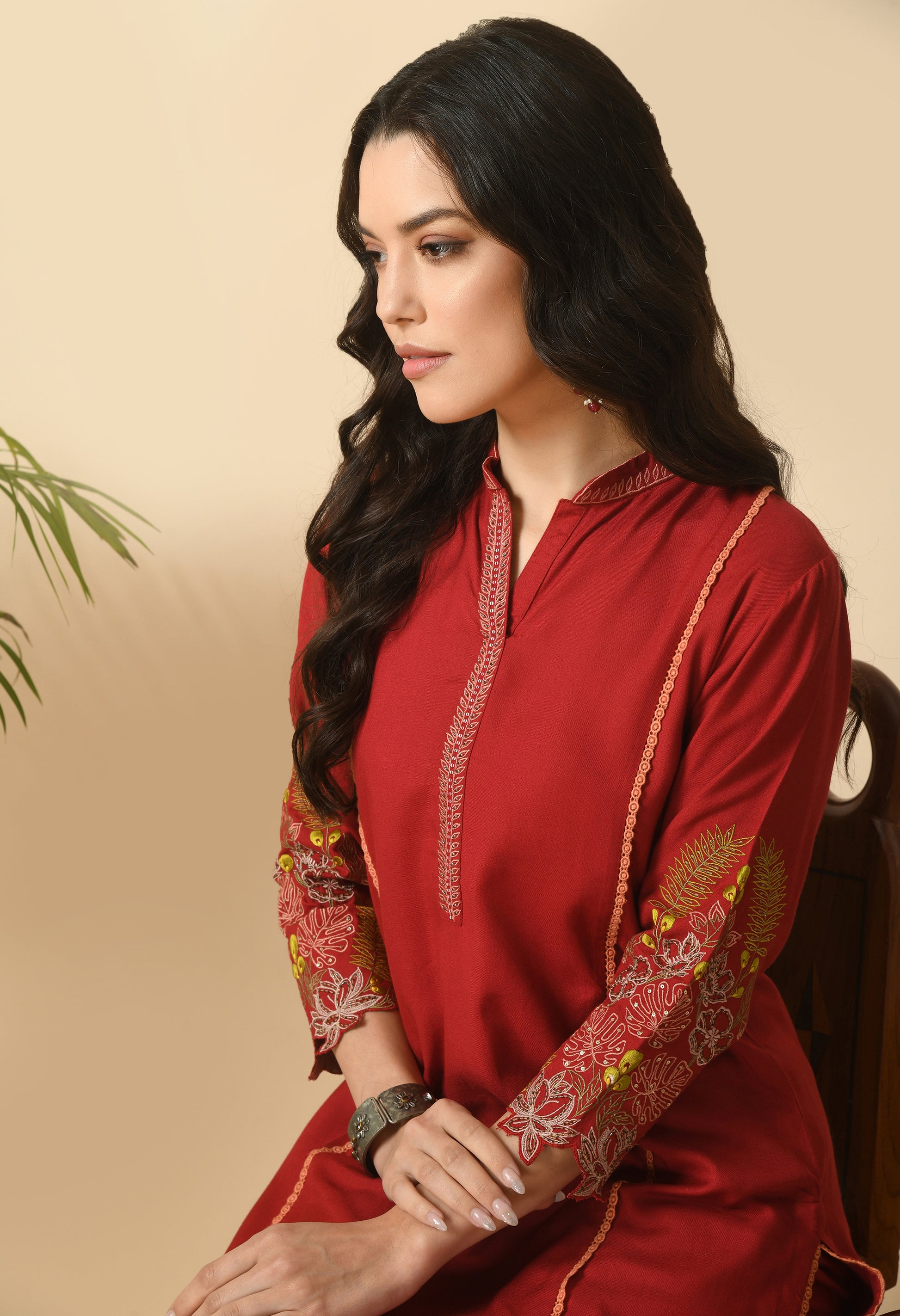 Maroon Cotton Self Design Collar Kurta Set