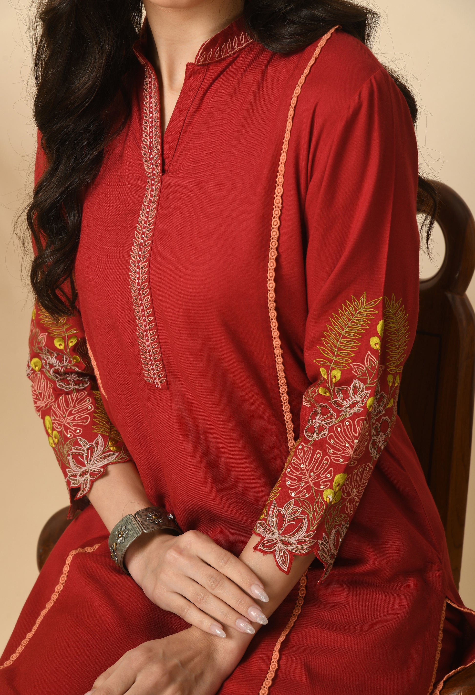 Maroon Cotton Self Design Collar Kurta Set