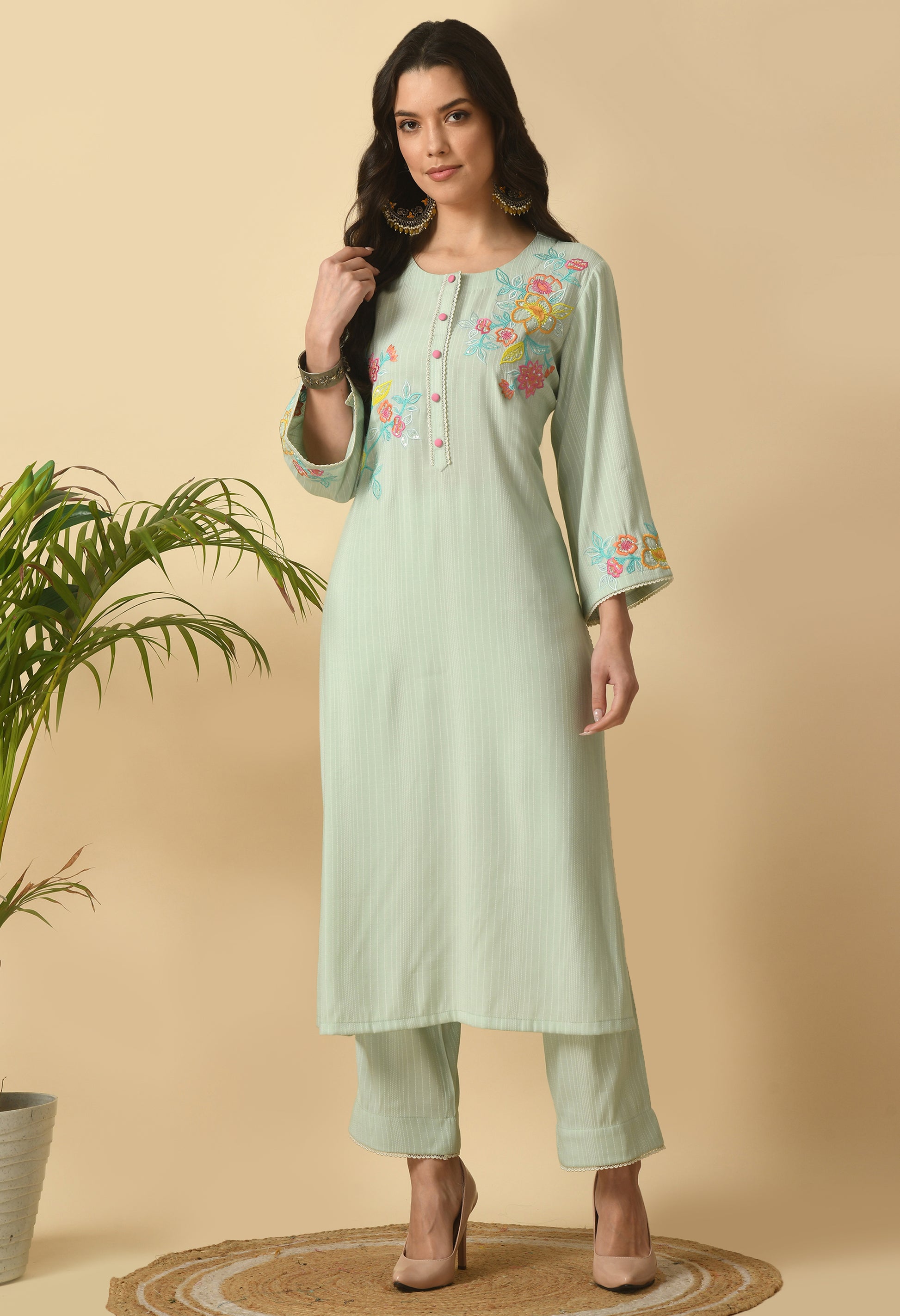 Green Cotton Self design  Kurta Set