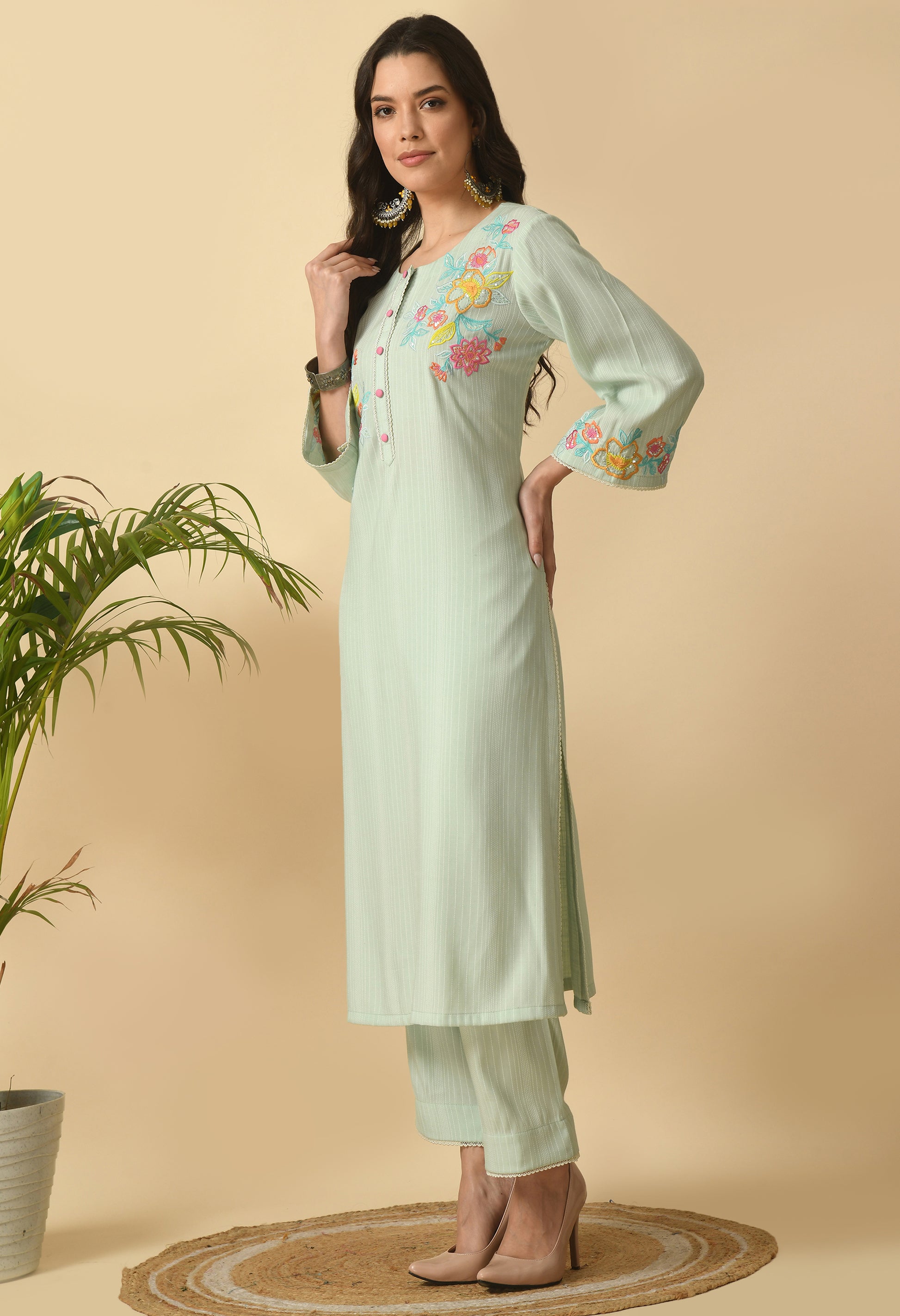 Green Cotton Self design  Kurta Set